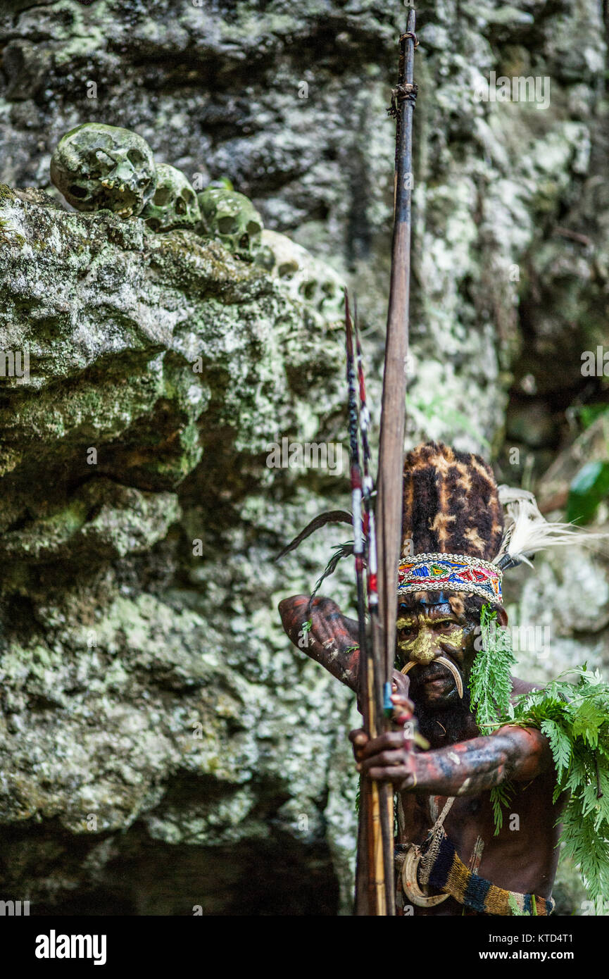 Neuguinea, Indonesien - 12. Januar: Mann mit Pfeil und Bogen. Der Krieger der Papuanischen Stamm Yafi in traditioneller Kleidung, Schmuck und Färbung. Ne Stockfoto