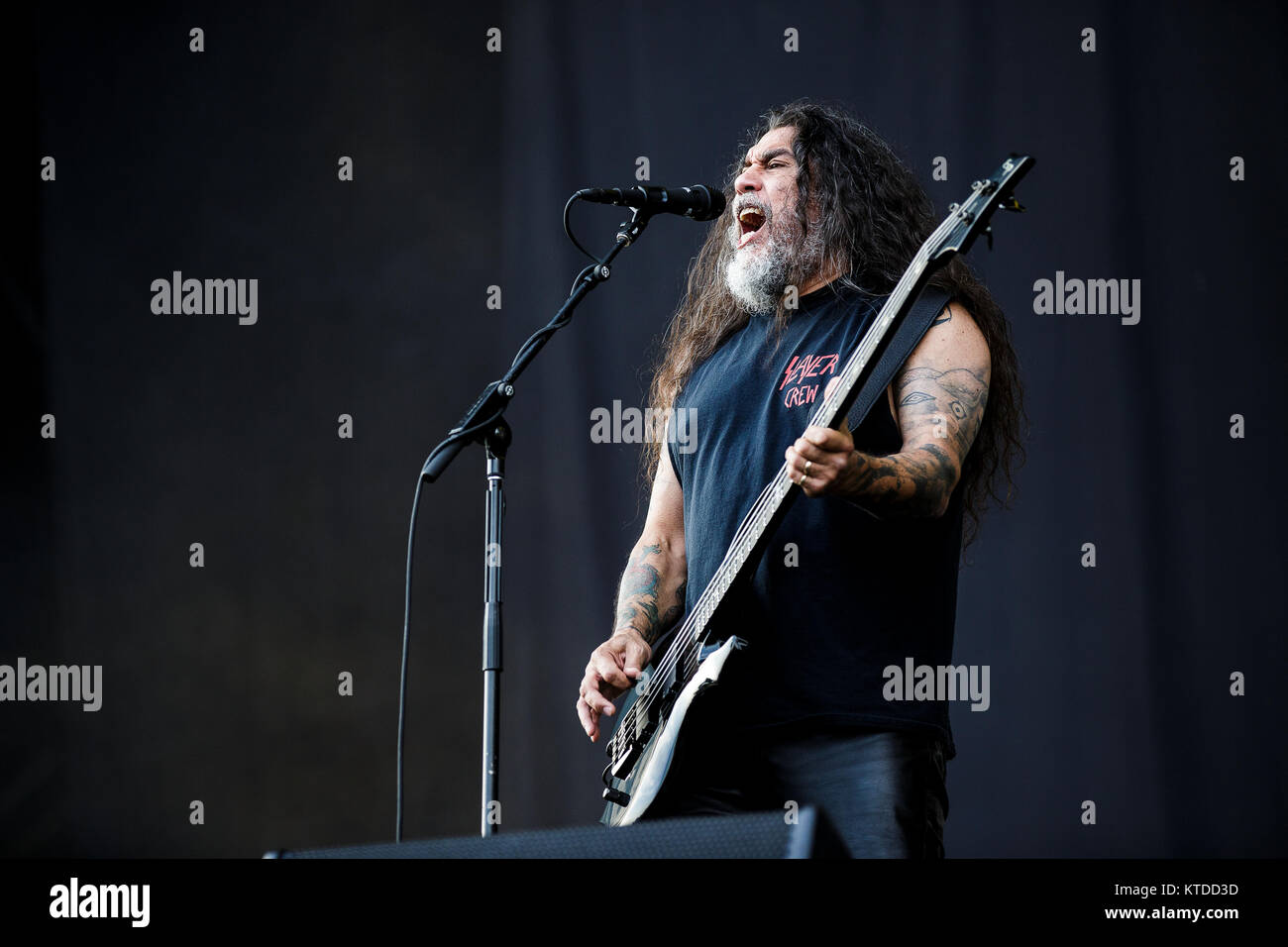 Die amerikanischen Thrash-Metal-Band Slayer führt ein live-Konzert in Horsens Gefängnis. Hier sieht man Sänger und Bassist Tom Araya live auf der Bühne. Dänemark, 03/06 2014. Stockfoto