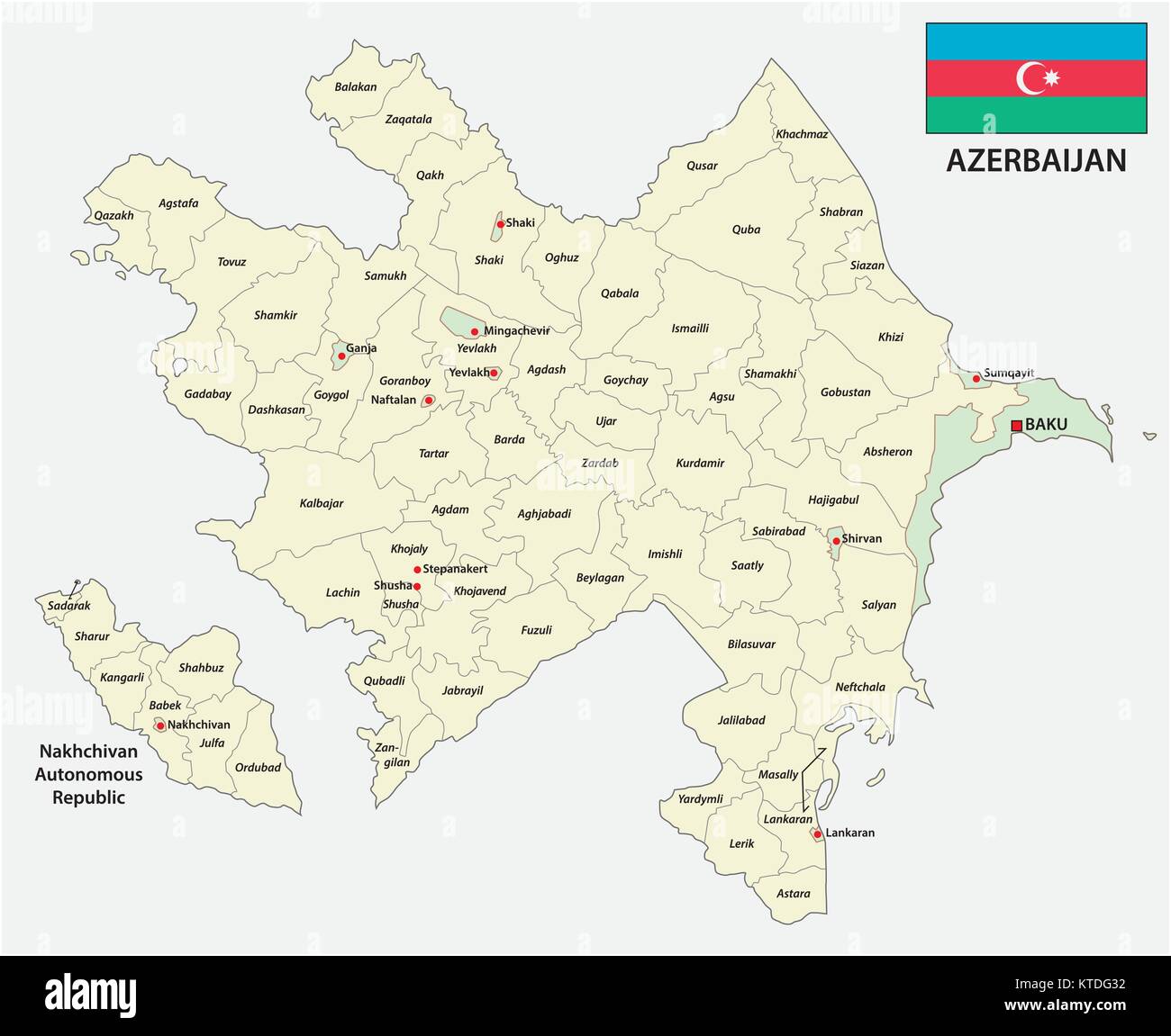 Aserbaidschan administrative und politische Vektorkarte mit Fahne Stock Vektor