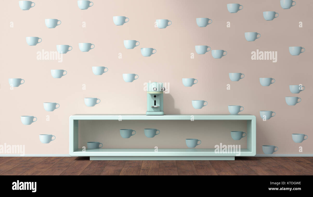 Kaffeemaschine auf Sideboard vor Tapete mit Schale Muster, 3D-Rendering Stockfoto