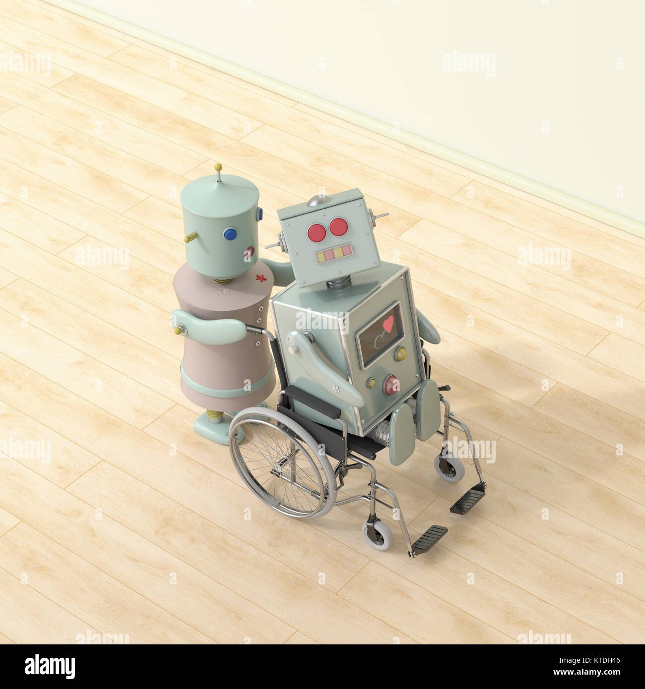 Weibliche Roboter drücken männlichen Roboter sitzt im Rollstuhl, 3D-Rendering Stockfoto