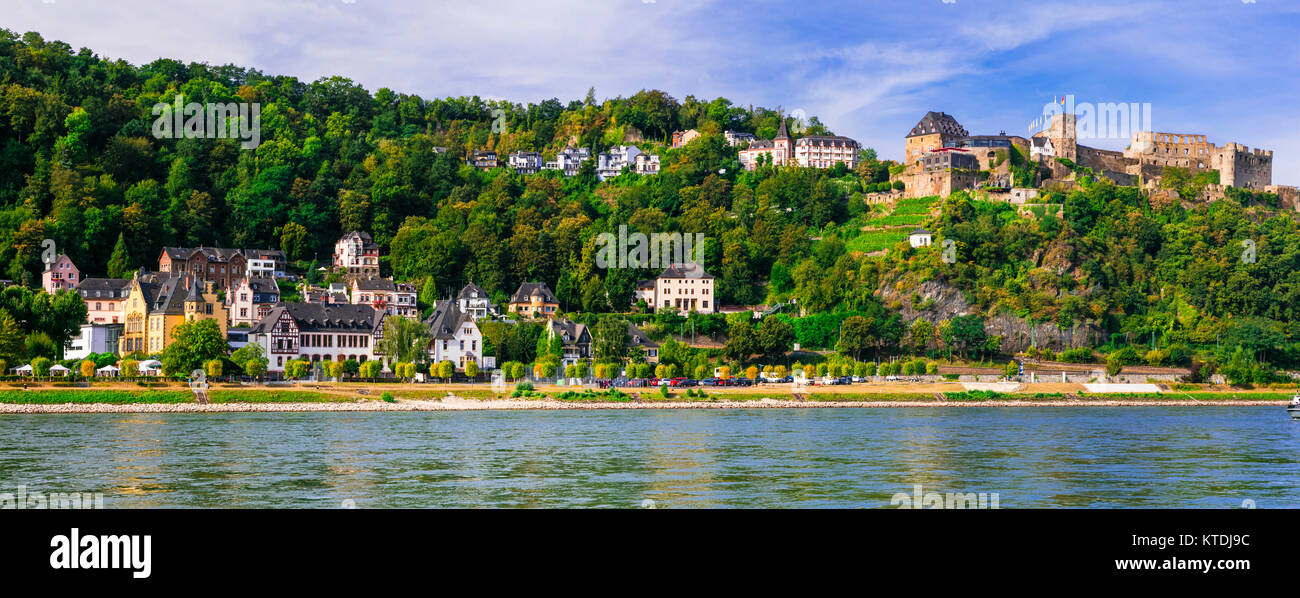 Eindrucksvolle Burg Rheinfels, Rhein, Fluss, Panoramaaussicht, Deutschland. Stockfoto
