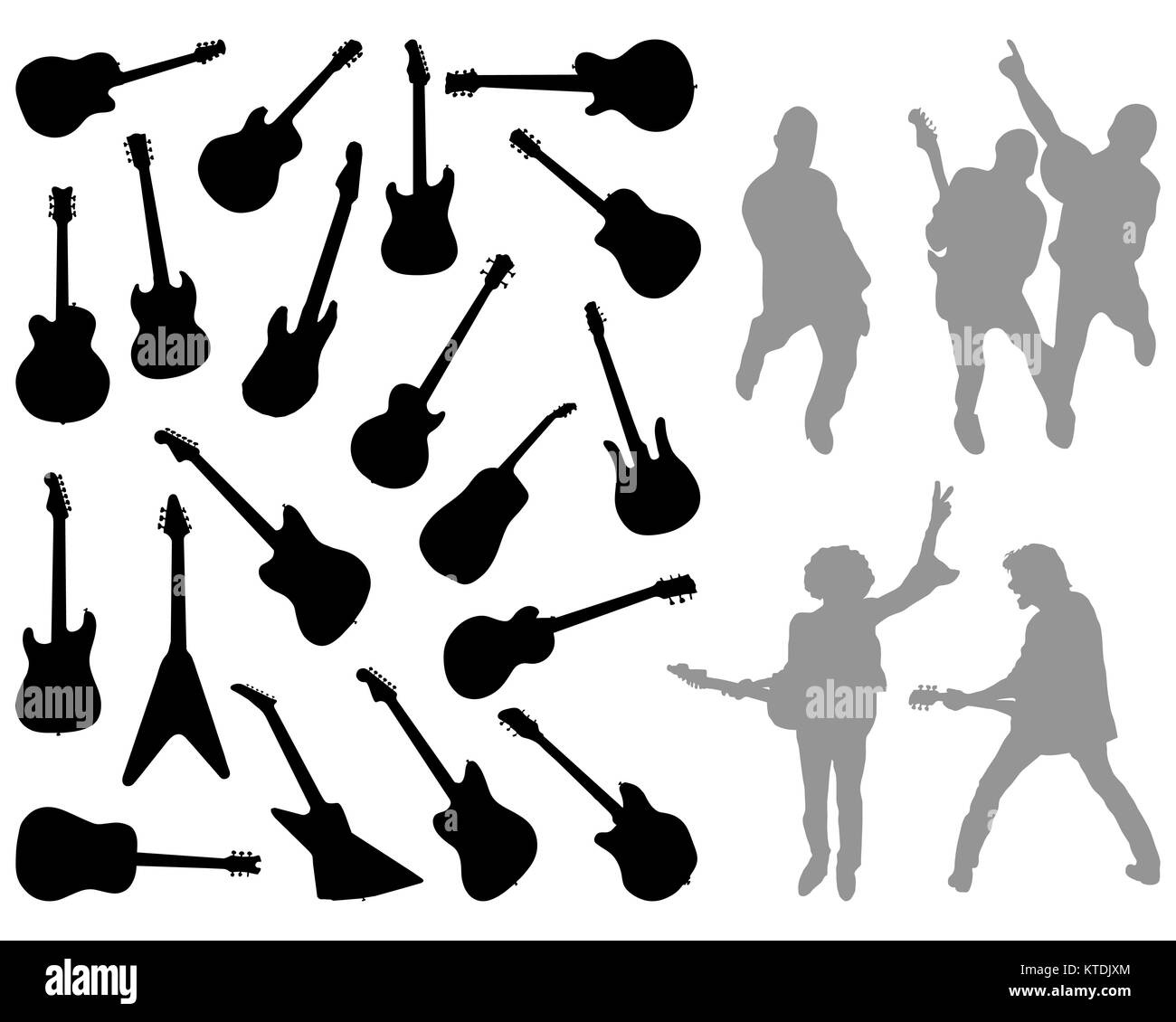 Schwarze Silhouetten verschiedener Gitarren auf weißem Hintergrund Stockfoto