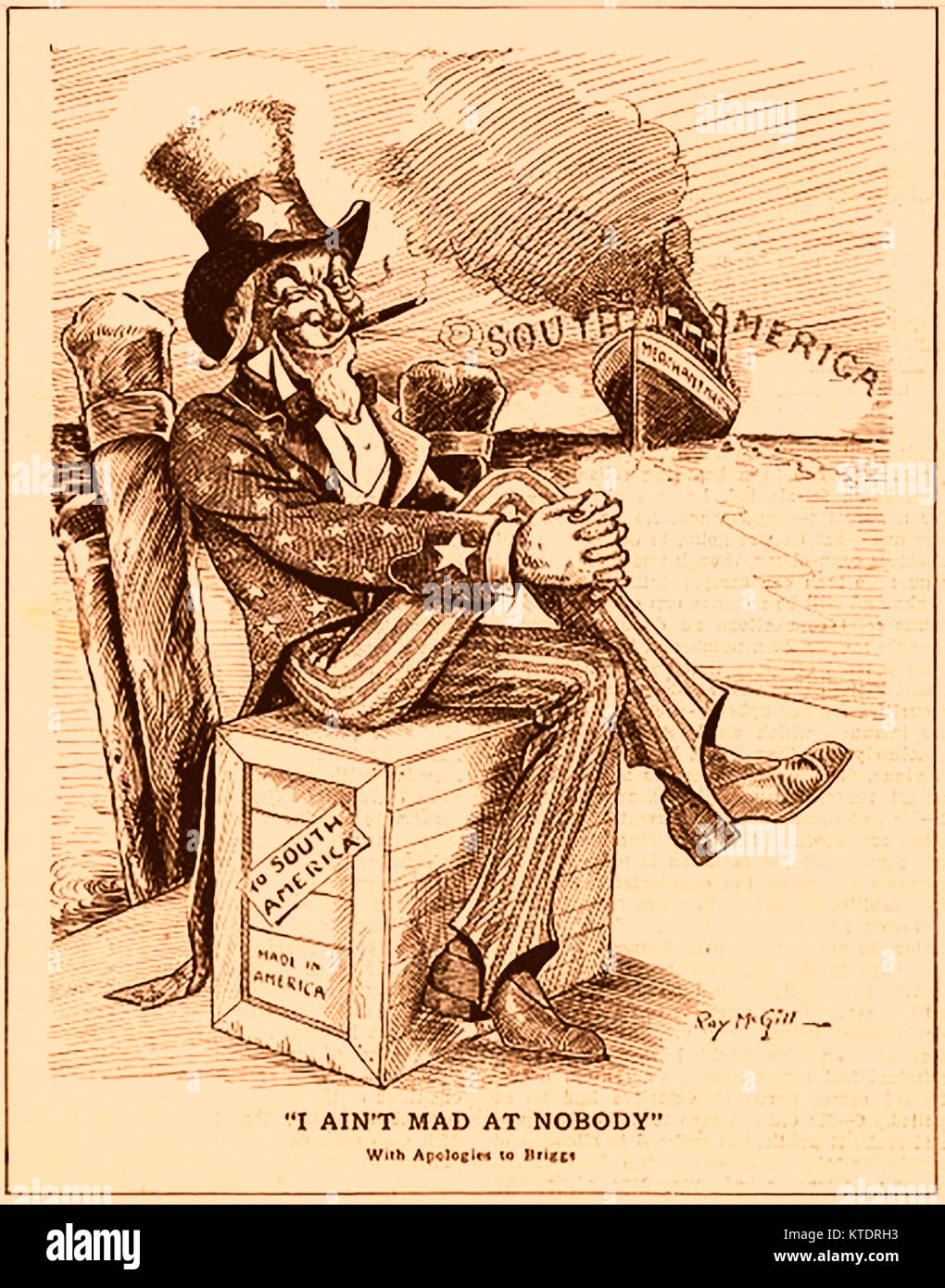 UNCLE SAM politische Karikatur von Ray McGill - Die personifikation von Amerika. Bereit für Argentinien, Südamerika zu Beginn des Ersten Weltkriegs emigrieren Stockfoto