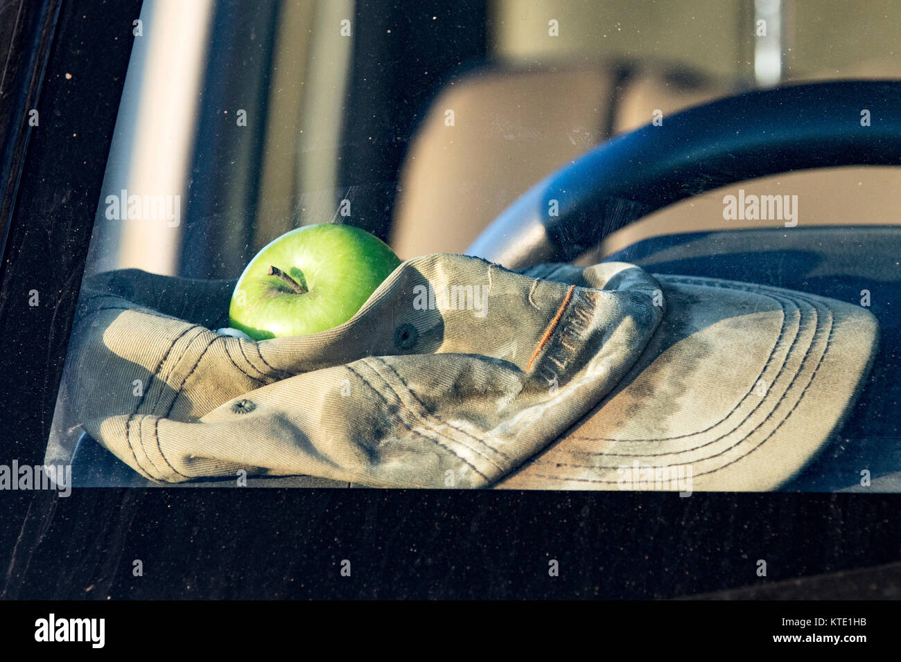 Green Apple auf dem Armaturenbrett - Huab unter Leinwand, Damaraland, Namibia, Afrika Stockfoto