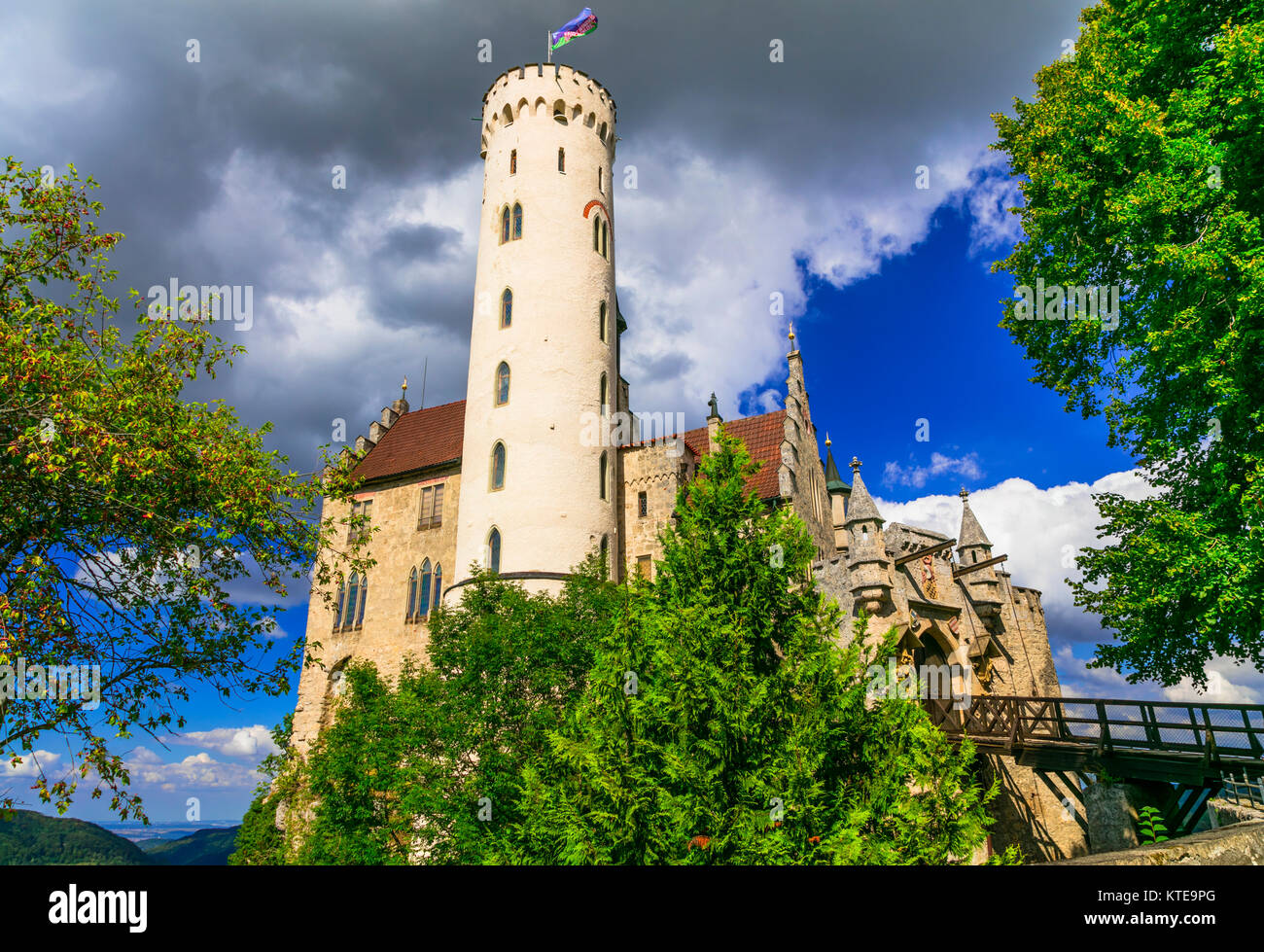 Eindrucksvolle Burg Liechtenstein, Panoramaaussicht, Deutschland. Stockfoto