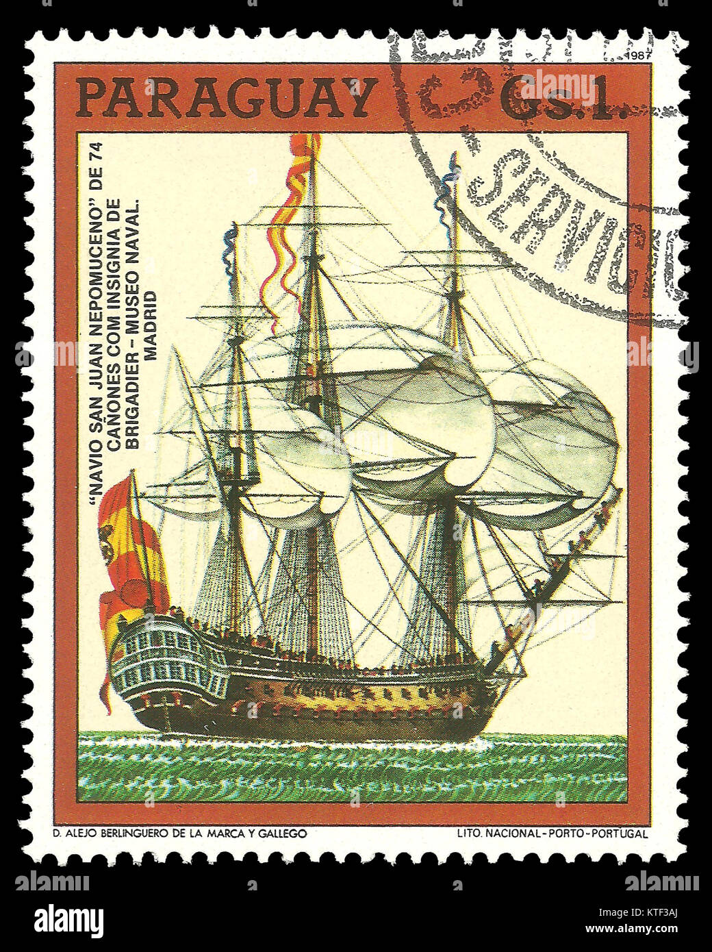 Paraguay - Stempel 1987: Color Edition auf 500. Jahrestag der Entdeckung Amerikas, zeigt das Sandmännchen San Juan Nepomuceno Stockfoto