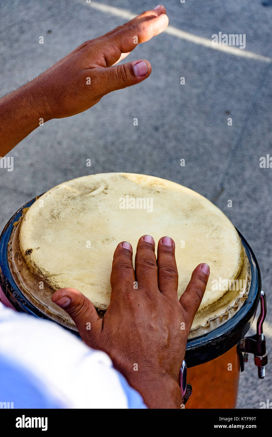 Drum Spieler spielt atabaque während der Präsentation von Afro Musik am Vorabend der brasilianische Karneval Stockfoto