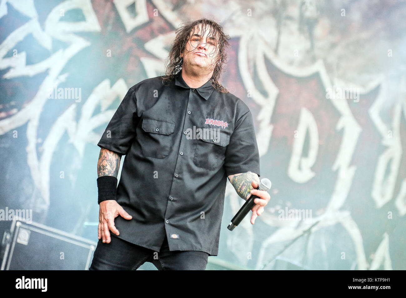 Die amerikanische Thrash Metal Band Exodus führt ein Live Konzert in der schwedischen Musik Festival Sweden Rock Festival 2015. Hier Sänger Steve Souza ist live auf der Bühne gesehen. Schweden, 04/06 2015. Stockfoto