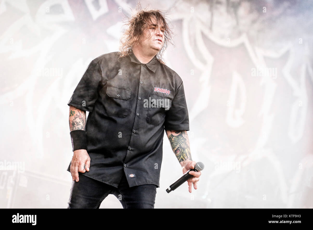 Die amerikanische Thrash Metal Band Exodus führt ein Live Konzert in der schwedischen Musik Festival Sweden Rock Festival 2015. Hier Sänger Steve Souza ist live auf der Bühne gesehen. Schweden, 04/06 2015. Stockfoto