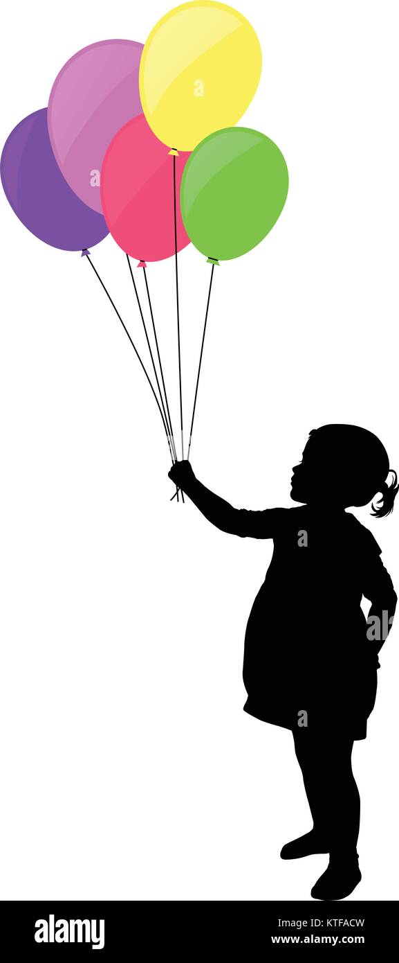 Kleines Mädchen mit bunten Luftballons Silhouette-Vektor Stock Vektor