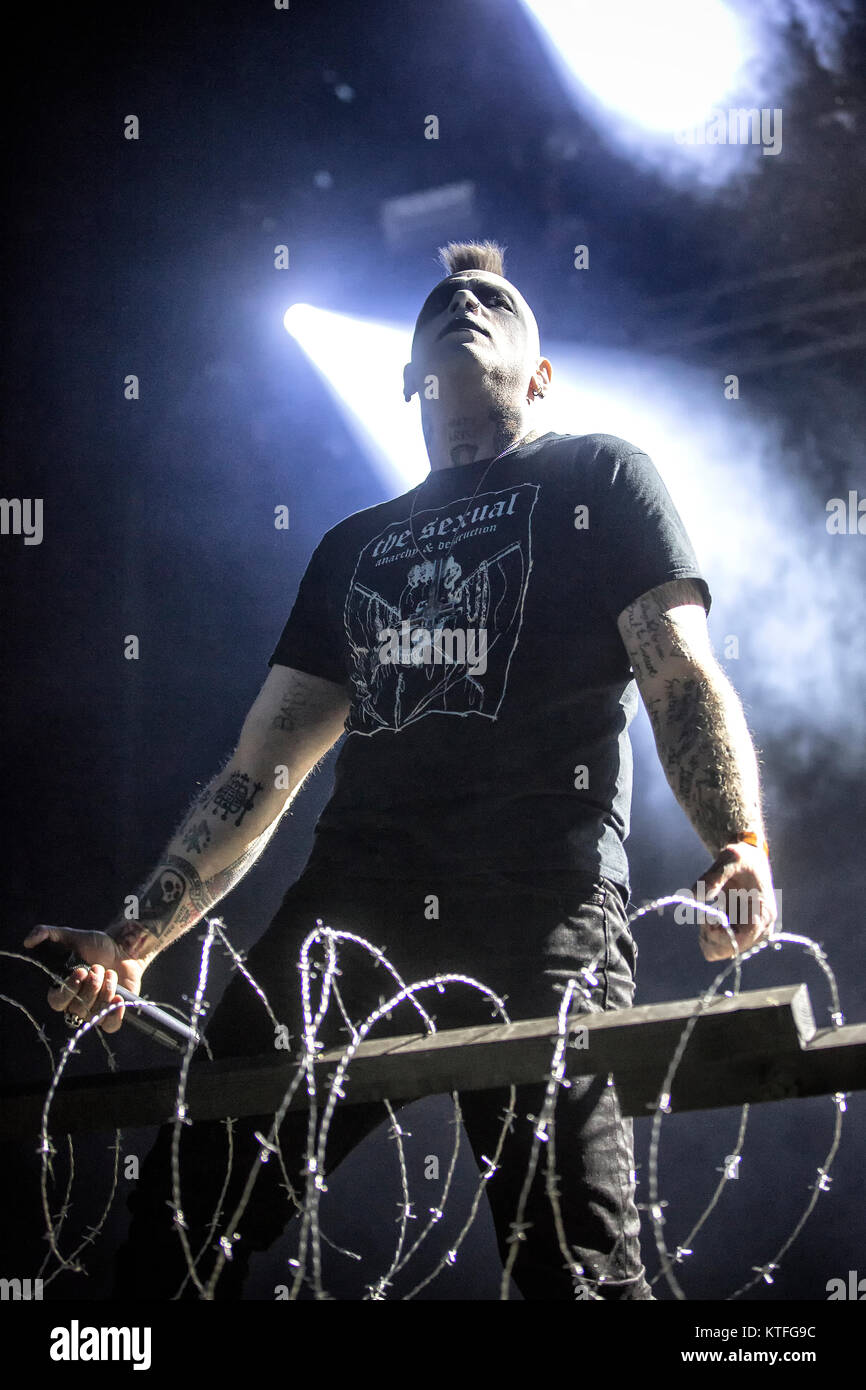 Die norwegische Black-Metal-Band Mayhem führt ein Live Konzert auf dem Sweden Rock Festival 2016. Hier Sänger Attila Csihar wird gesehen, live auf der Bühne. Schweden, 09.06 2016. Stockfoto