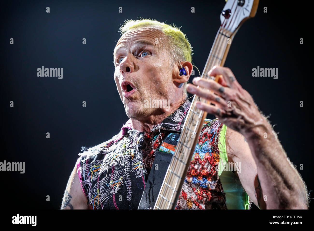 Die US-amerikanische Rockband Red Hot Chili Peppers führt ein Live Konzert in Orange Stadium an der Telenor Arena in Oslo. Hier Bassist Flea ist live auf der Bühne gesehen. Norwegen, 08/09 2016. Stockfoto