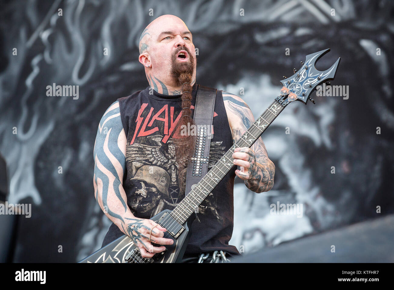 Die amerikanische Thrash Metal Band Slayer führt ein Live Konzert in der schwedischen Musik Festival Sweden Rock Festival 2016. Hier Gitarrist Kerry King live auf der Bühne zu sehen ist. Schweden, 09.06 2016. Stockfoto