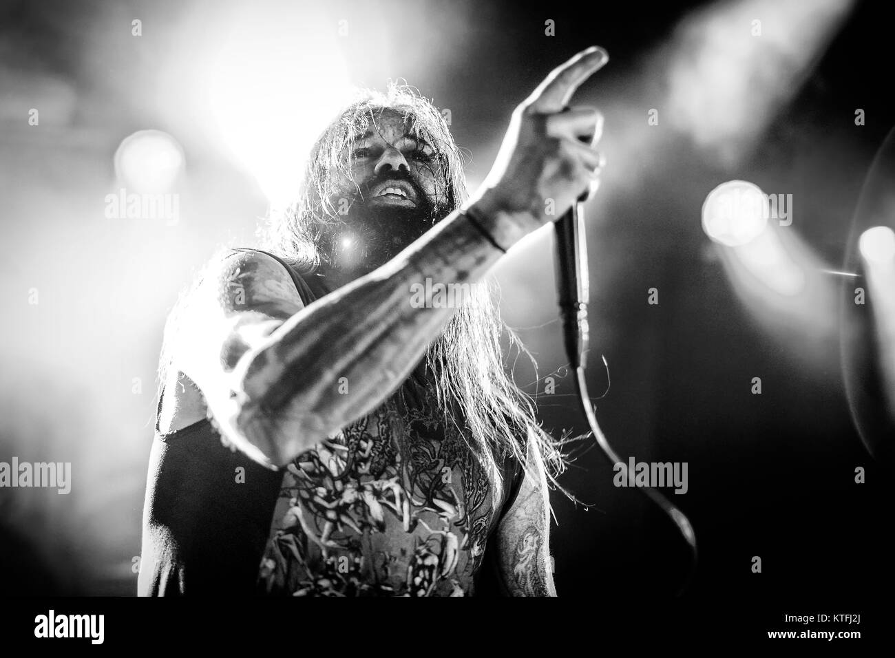 Die amerikanischen Death Metal Band Suffocation führt ein Live Konzert am Rockefeller als Teil des Festivals Inferno Metal Festival 2016 in Oslo. Hier Sänger Ricky Myers ist live auf der Bühne gesehen. Norwegen, 25/03 2016. Stockfoto