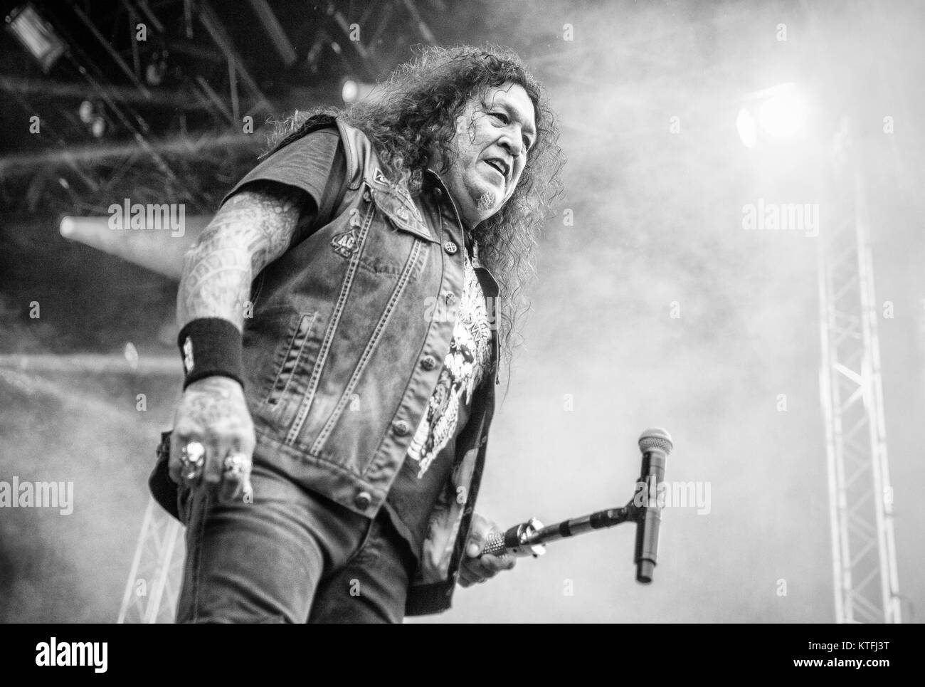 Die amerikanische Thrash Metal Band Testament führt ein Live Konzert in der norwegischen Musik Festival Tonnen Gestein 2015. Hier Sänger Chuck Billy ist live auf der Bühne gesehen. Norwegen, 18.06 2015. Stockfoto