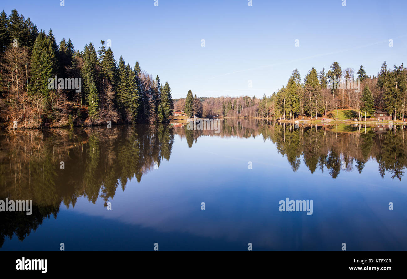 Kaisersbach, Deutschland. 25 Dez, 2017. Bäume spiegeln sich in Ebnisee See in der Nähe von Kaisersbach, Deutschland, 25. Dezember 2017. Credit: Christoph Schmidt/dpa/Alamy leben Nachrichten Stockfoto