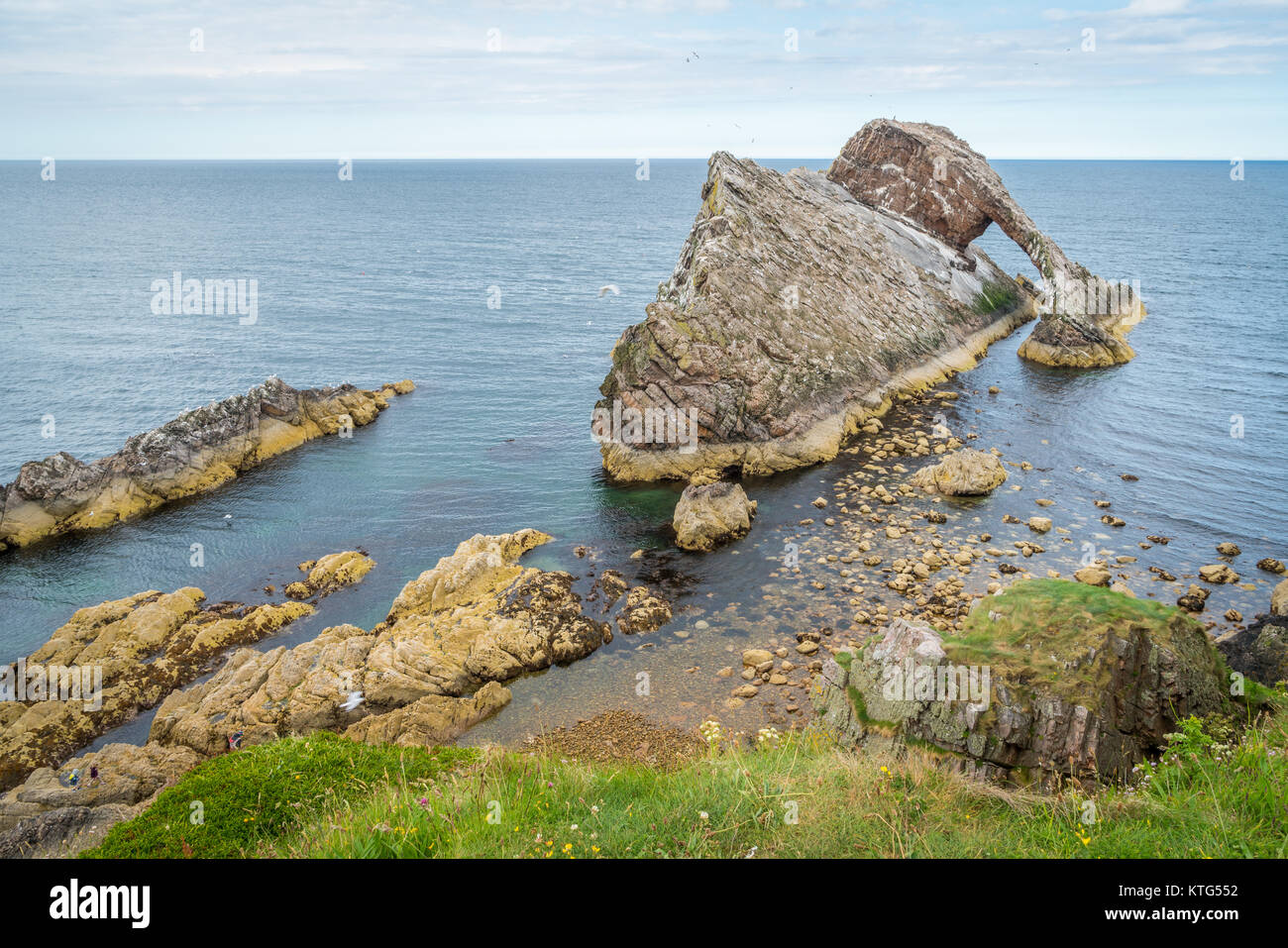 Bogen Geige Rock, natürlichen Meer arch in der Nähe von portknockie Auf der nord-östlichen Küste von Schottland. Stockfoto