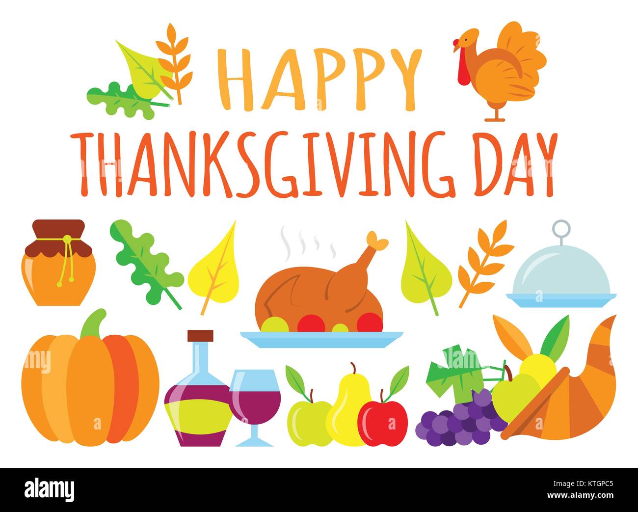 Farbige Happy Thanksgiving Day Karte mit Gruß-Schriftzug. Essen für ...