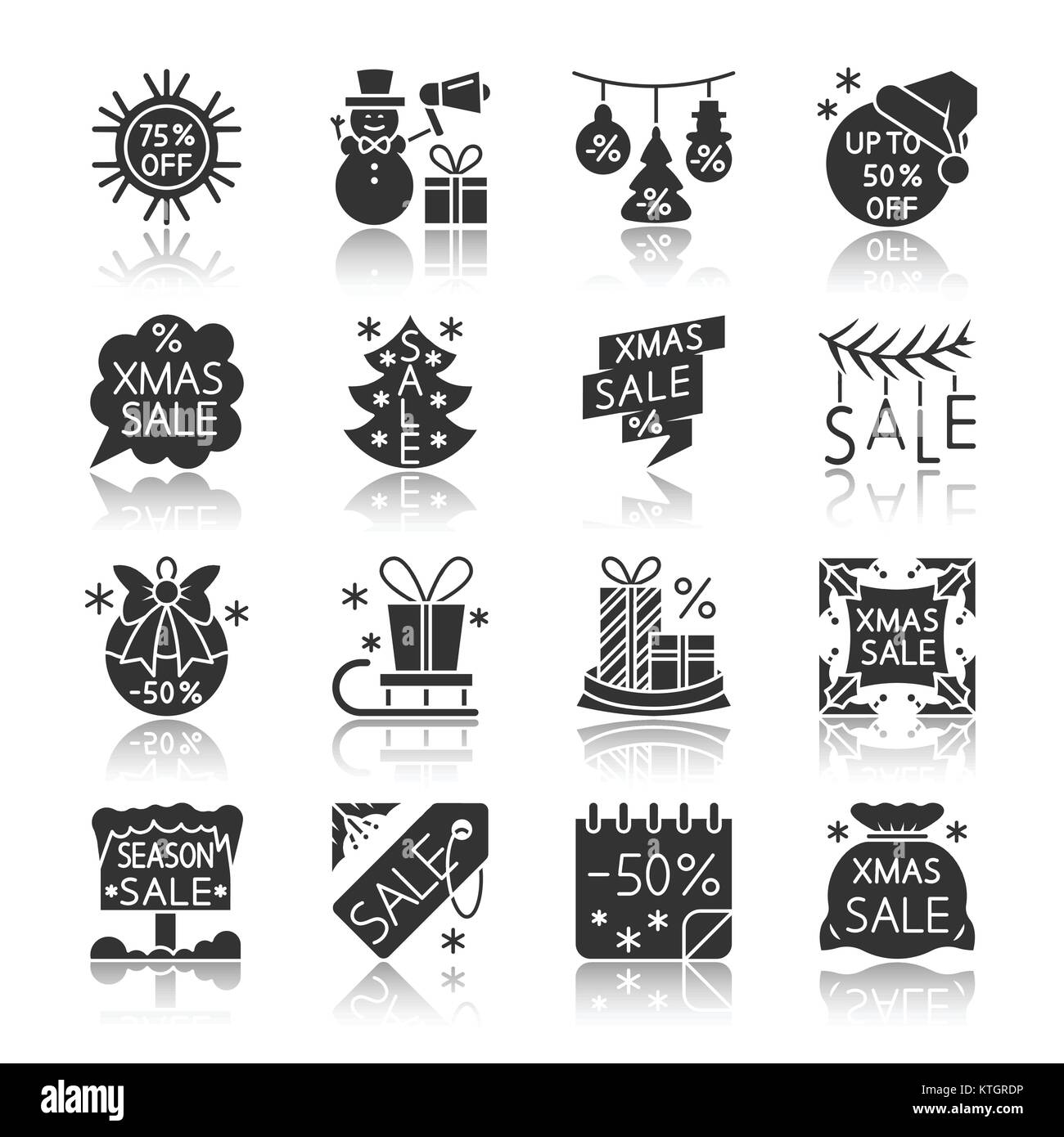 Weihnachtszeit Verkauf schwarze Silhouette mit Reflexion Icon Set. Vektor Spiel monochrome flache Design symbol Collection. Einfache grafische Piktogramm p Stock Vektor