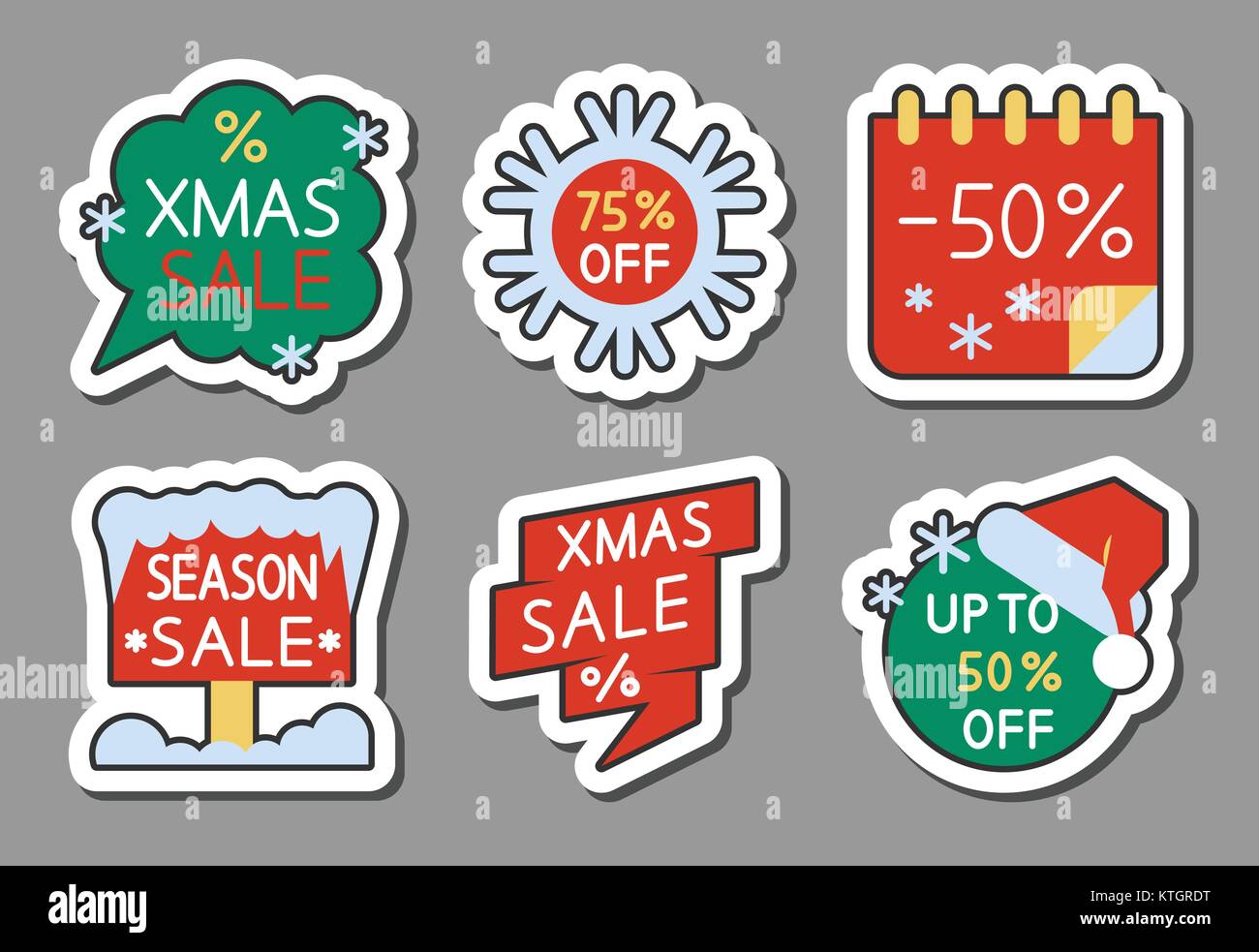 Weihnachten Saison Verkauf icon Sticker Set. Flat Style Farbe Spiel Abzeichen, Web, Werbung, Banner, Wirtschaft, Emblem, Logo, Print, Tags, Etiketten, Poster, coupon Isola Stock Vektor