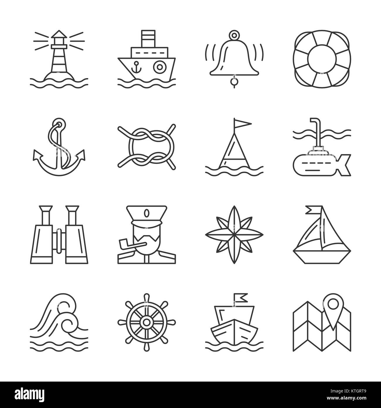 Nautische thin line Icon Set. Marine lineare Symbol pack. Überblick Navigation, Kapitän, Zubehör für Marine, Schiff unterzeichnen. Editierbare Schlaganfall einfache flache Desig Stock Vektor