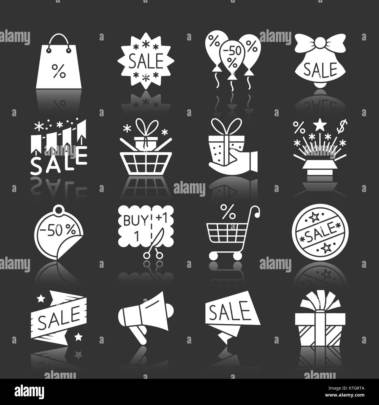 Weihnachtszeit Verkauf weiße Silhouette mit Reflexion Icon Set. Neues Jahr monochrome flache Design symbol Collection. Abstand einfache Pack Web-, Banner-, Stock Vektor