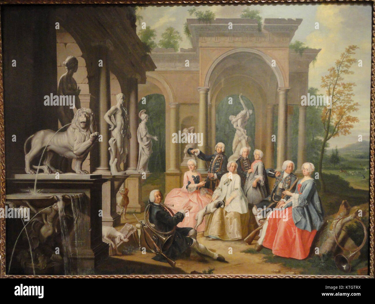 *Before the Hunt* von Pieter Jacob Horemans ist ein flämisches Gemälde aus dem Jahr 1741, das im Museum of Fine Arts in Springfield, Massachusetts, untergebracht ist. Das Gemälde fängt einen Moment ein, bevor eine Jagd beginnt. Stockfoto