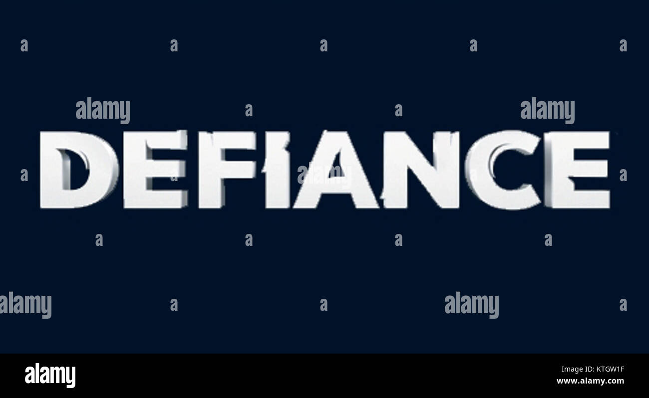 Das Defiance-Logo repräsentiert die populäre Science-Fiction-TV-Serie, die für ihre Darstellung einer postapokalyptischen Welt und die Integration von Menschen und fremden Arten bekannt ist. Das Logo ist ein ikonisches Symbol für die Prämisse und Themen der showâ. Stockfoto