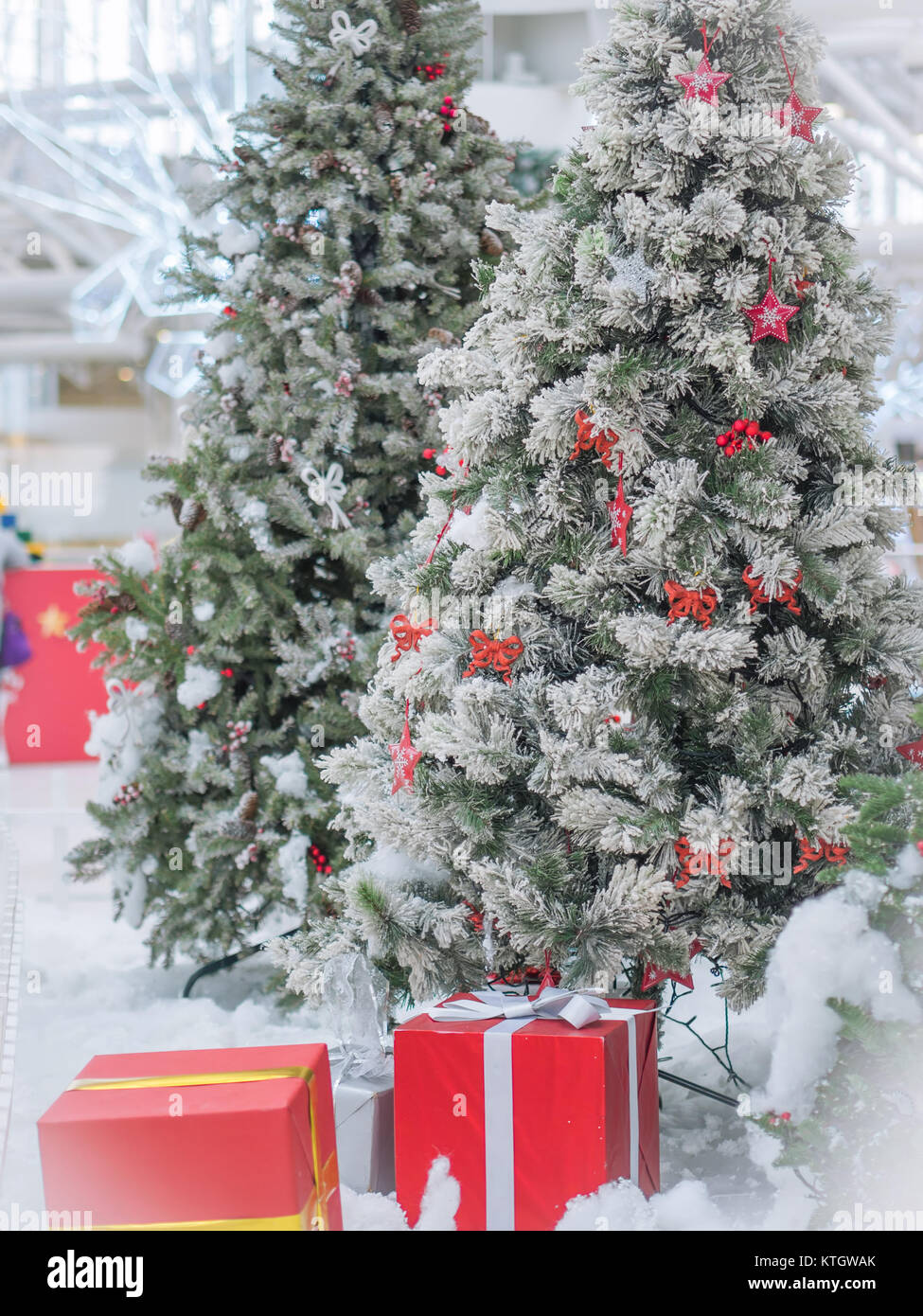 Wunderschön dekorierte und beleuchtete Weihnachtsbaum gegen glänzend beleuchteten Soft konzentrierte Hintergrund. Weihnachten und Neujahr Konzept. Stockfoto