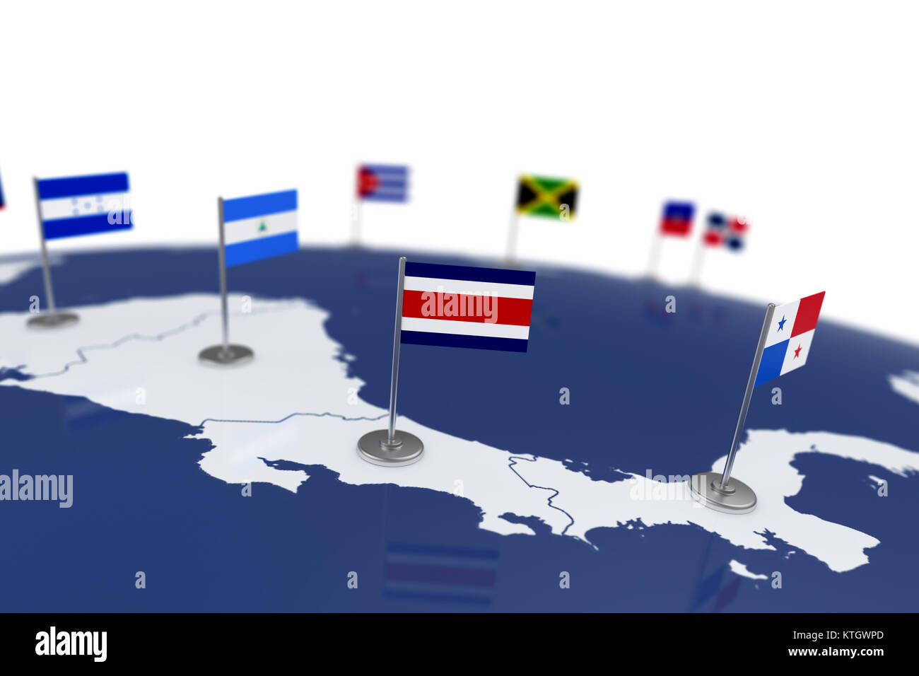 Costa Rica Flagge. Landesflagge mit Chrom Fahnenmast auf der Weltkarte mit Nachbarn Länder grenzen. 3D-Illustration Rendering Stockfoto