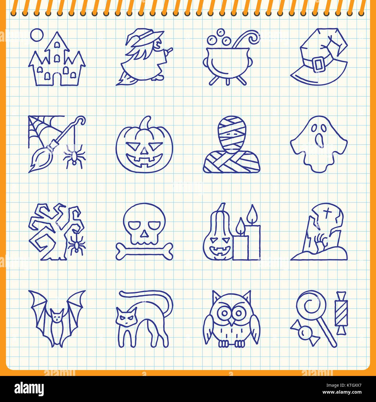 Halloween online Icon Set. Handschriftliche pen Wirkung auf karierten Blatt hintergrund. Flat Style Vector Illustration. Konzept für Web, Infografik, Drucken, Ca Stock Vektor