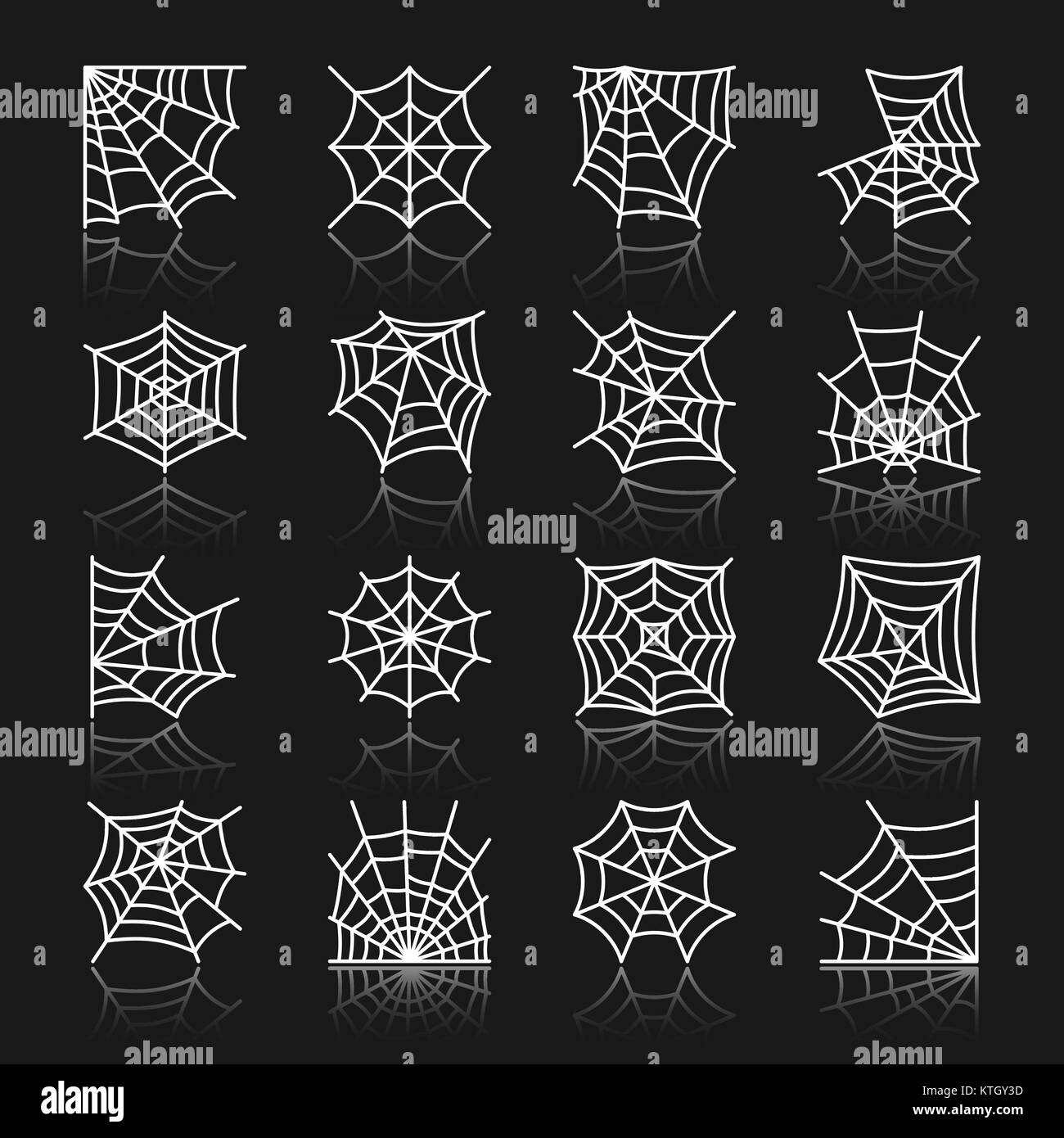 Spinnennetz weiß dünne Linie mit Reflexion Icon Set. Cobweb Vektor isolierte lineare Symbol pack. Spiderweb Umrisse unterzeichnen. Einfache Piktogramm Grafik Colle Stock Vektor