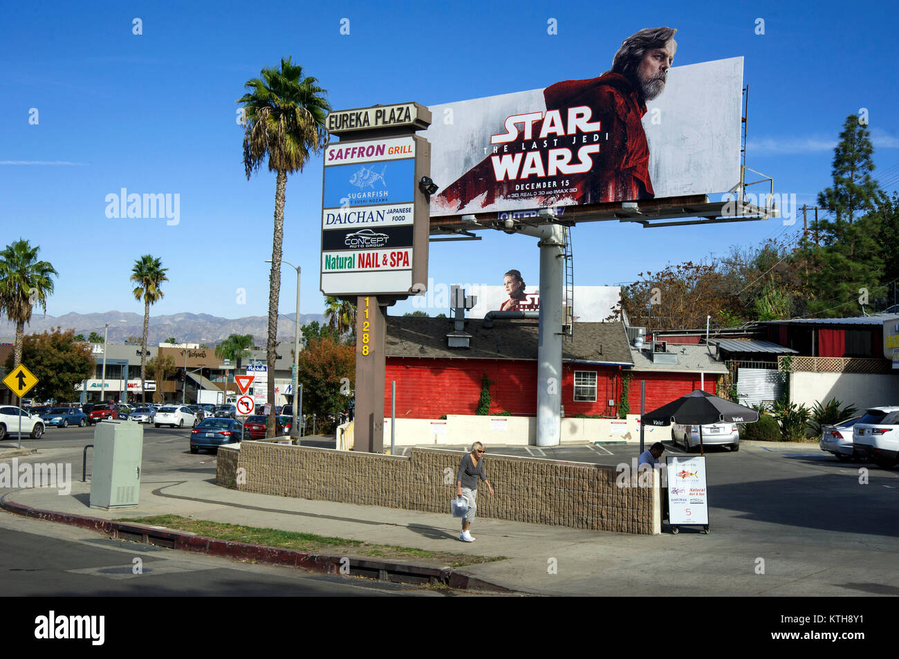 Reklametafeln mit Mark Hammil und Carrie Fisher für Star Wars Der letzte Jedi Film in Los Angeles, CA Stockfoto