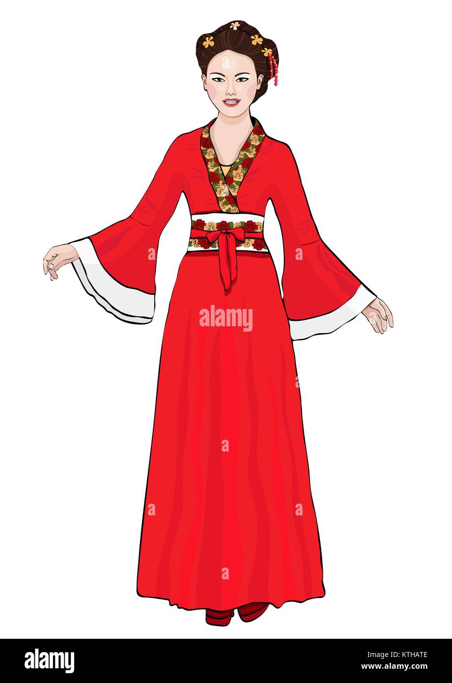 Mädchen in der chinesischen Tracht steht vorne, Vektor Zeichnung cartoon Portrait. Asiatische Frau in voller Länge in einem roten Hanfu, in einem traditionellen Kleid mit floralen Ornament, auf weißem Hintergrund Stock Vektor