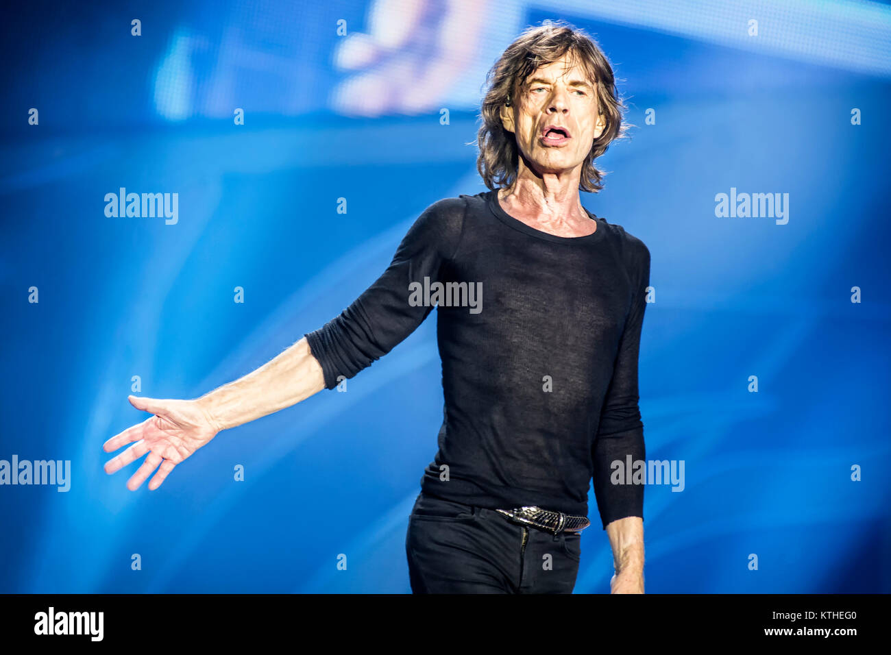 Die Rolling Stones, Die legendäre englische Band, führt ein Live Konzert in der Telenor Arena in Oslo. Hier Sänger und Songwriter Mick Jagger ist live auf der Bühne gesehen. Norwegen, 26.05.2014. Stockfoto