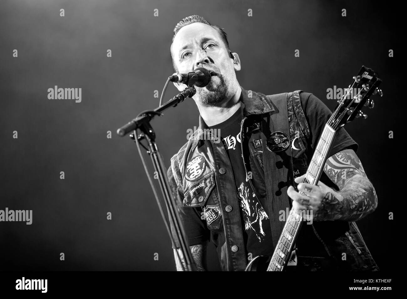 Die dänische Hard Rock Band Volbeat führt ein Live Konzert in der schwedischen Musik Festival Bråvalla Festival 2016. Hier Sänger und Gitarrist Michael Poulsen ist live auf der Bühne gesehen. Schweden, 01/07 2016 Stockfoto