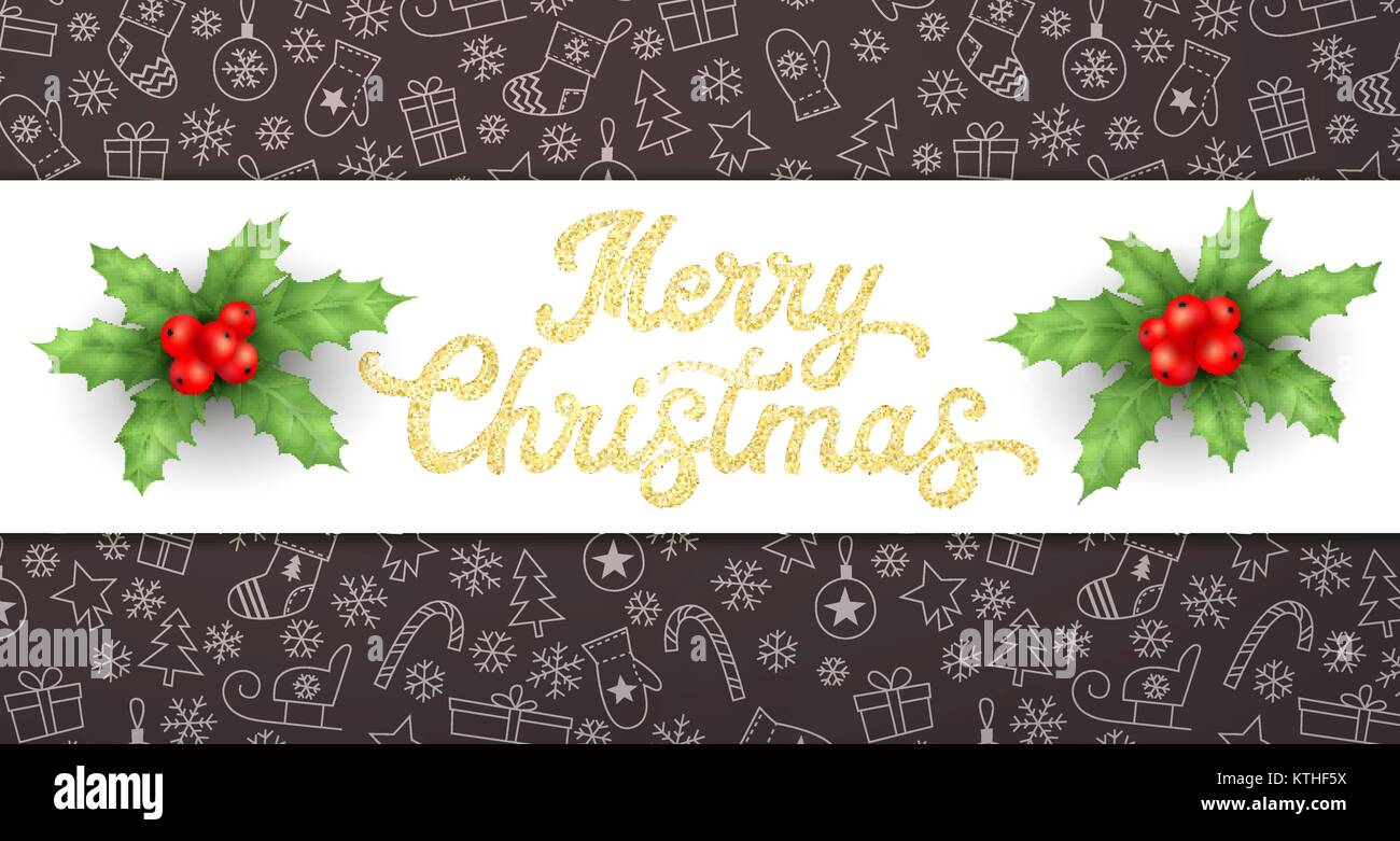 Frohe Weihnachten. Golden glitter Textur Xmas Beschriftung Beschriftung und Holly auf schwarz Weihnachten Hintergrund mit Schlitten, Bäume, Kugeln, Geschenke. Jahreszeiten Grußkarten gestalten. Font Vector Illustration. Stock Vektor
