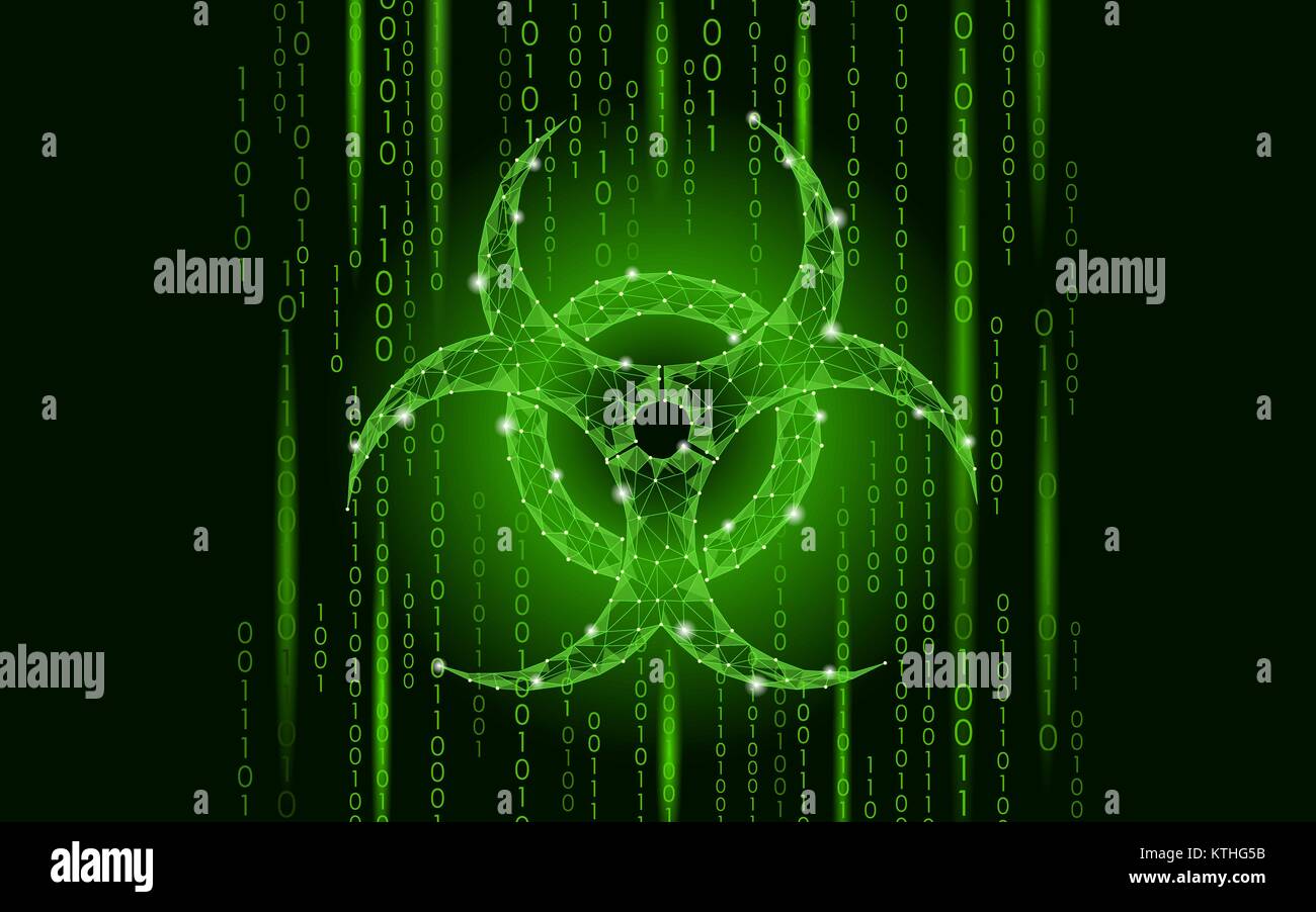 Computer Virus Gefahr. Biohazard sign Epidemie Alert Data Informationen Sicherheit sichere Warnung. Hacker Quarantäne Umweltverschmutzung giftige Konzept Dreieck polygonalen Linie grüne Vector Illustration Stock Vektor