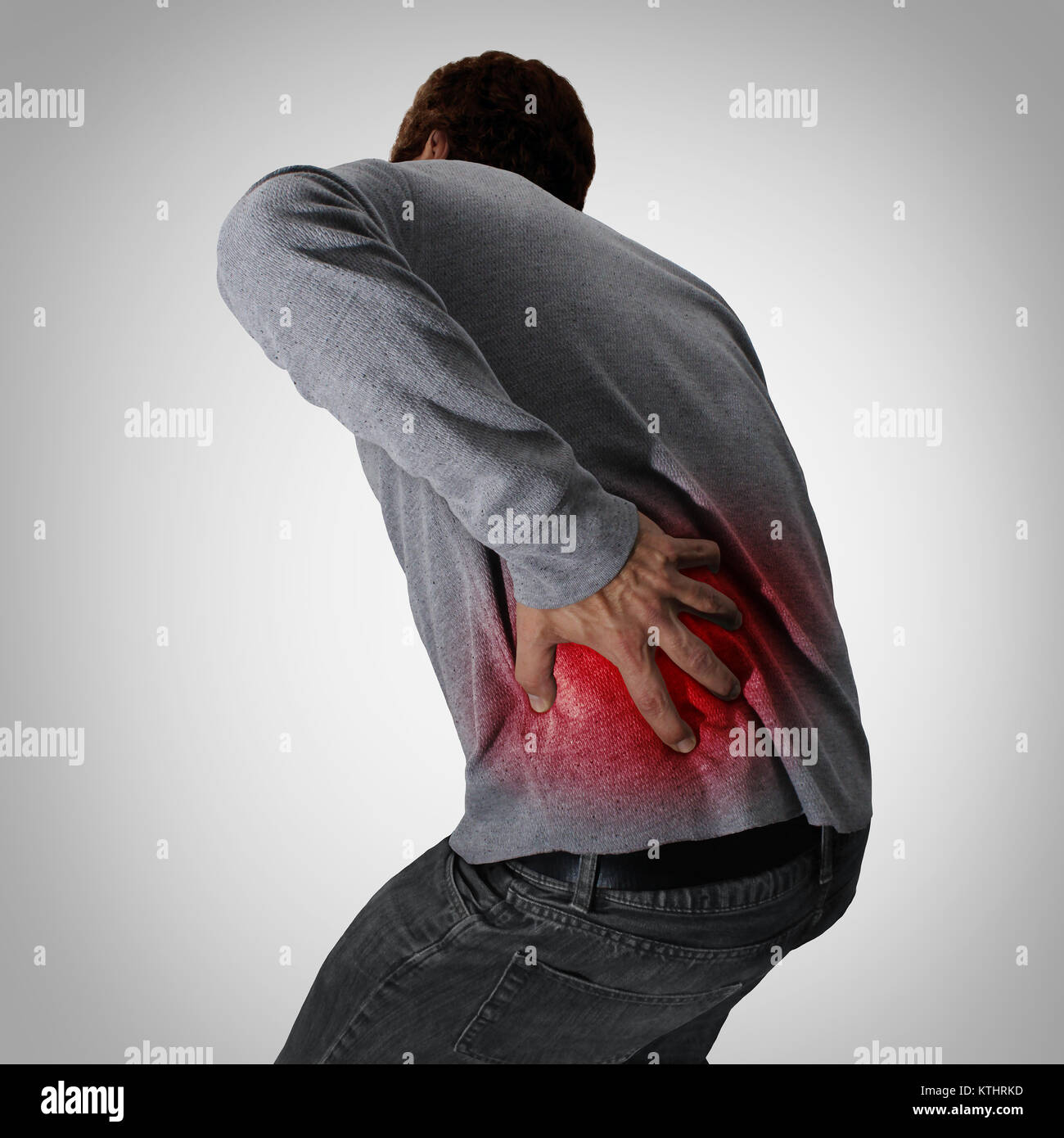 Muskelschmerzen und schmerzhaften Zurück medizinisches Konzept als eine Person mit einer Wirbelsäule Verletzungen oder Zerrungen. Stockfoto