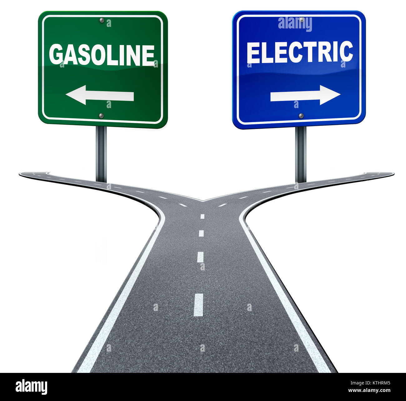Benzin- und elektrische Energie Industrie Wahl Konzept auf eine Kreuzung zwischen alten gas Kraftstoff Strom oder alternative Energie Richtung Entscheidung. Stockfoto