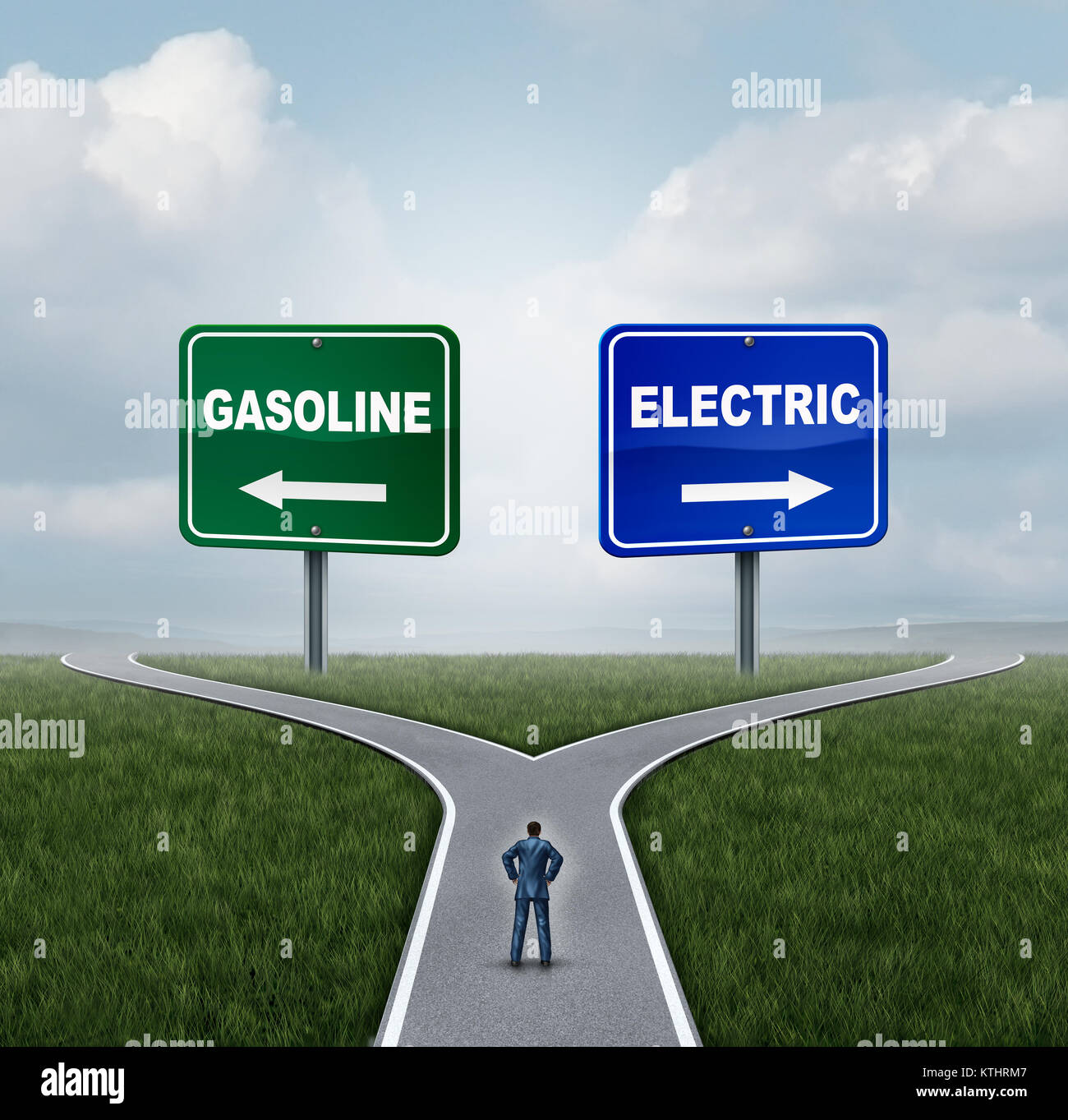 Elektrisch oder Benzin Energie Wahl Konzept wie eine verwirrte Person an einer Kreuzung zwischen Gas Kraftstoff Strom oder Batterie entscheiden. Stockfoto