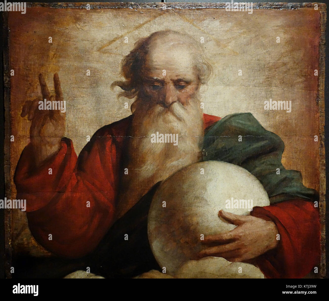 Die „Benediktion Gottes des Vaters“ von Luca Cambiaso, gemalt um 1565, ist ein Kunstwerk aus Öl auf Holz, das im Diözesano Museo in Genua untergebracht ist. Es zeigt eine religiöse Szene göttlichen Segens. Stockfoto