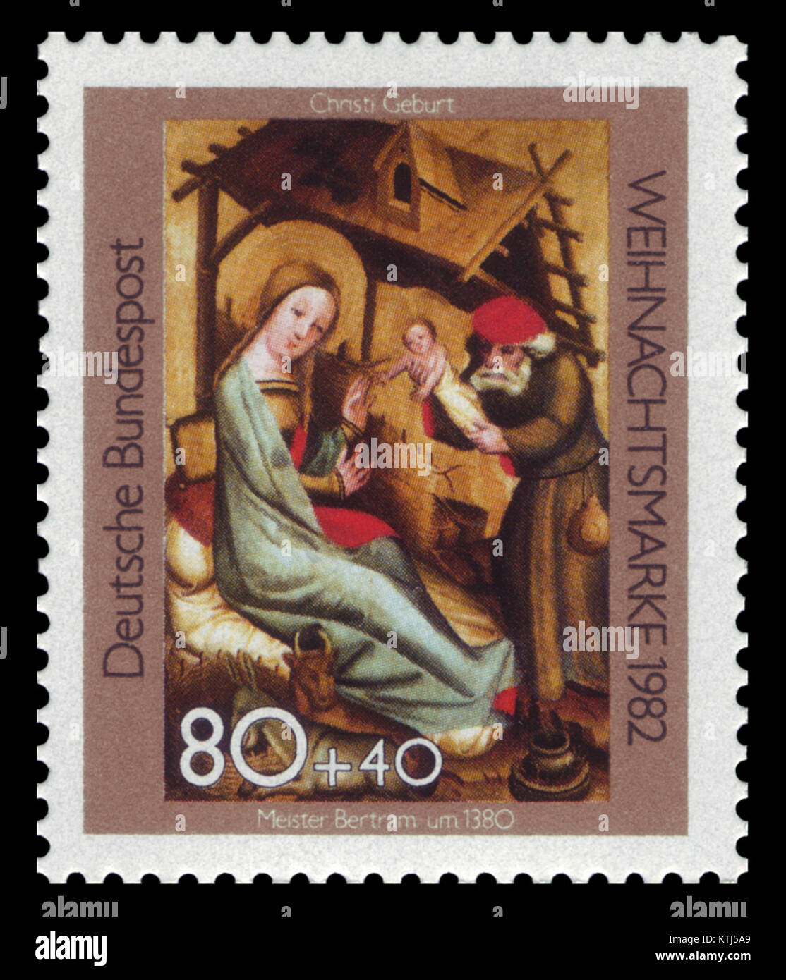 Eine deutsche Briefmarke der Deutschen Bundespost (DBP) aus dem Jahr 1982, die festlich an die Weihnachtszeit erinnert. Stockfoto