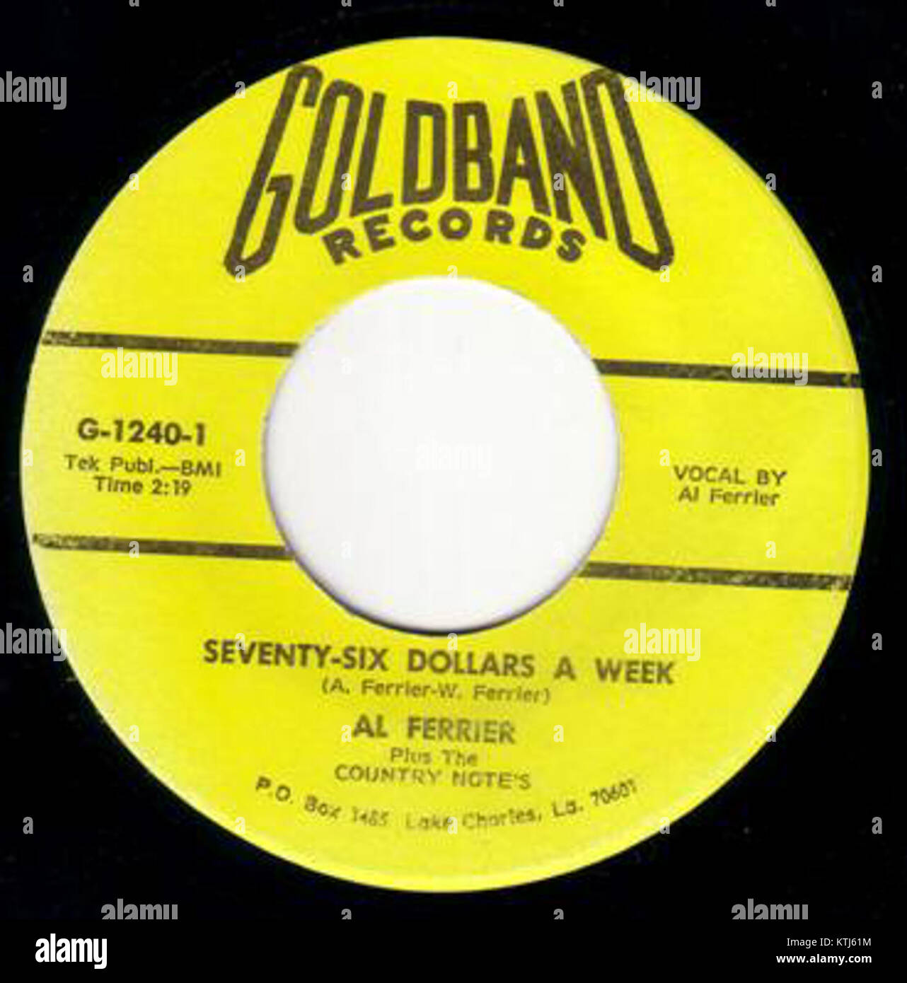 Goldband 1240, Seventy Six Dollars A Week ist eine Vintage-Aufnahme, die für ihre kulturelle und historische Bedeutung bekannt ist. Das Lied fängt die Musik und den Geist seiner Zeit ein und spiegelt die Themen der damaligen Zeit wider: Arbeit, soziales Leben und wirtschaftliche Bedingungen. Stockfoto