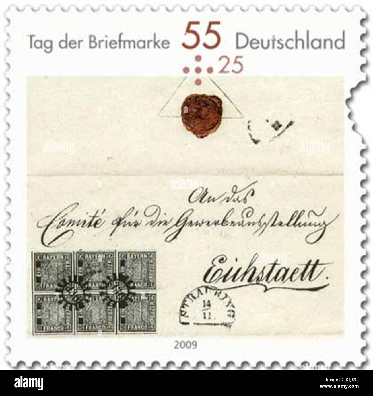 Dieses Bild bezieht sich auf ein Dokument aus dem Jahr 2009 der DPAG (Deutsche Post AG) in EichstÃ¤tt, Deutschland. Sie steht wahrscheinlich im Zusammenhang mit Postdiensten oder einem historischen Ereignis, das das deutsche Postsystem betrifft. Stockfoto