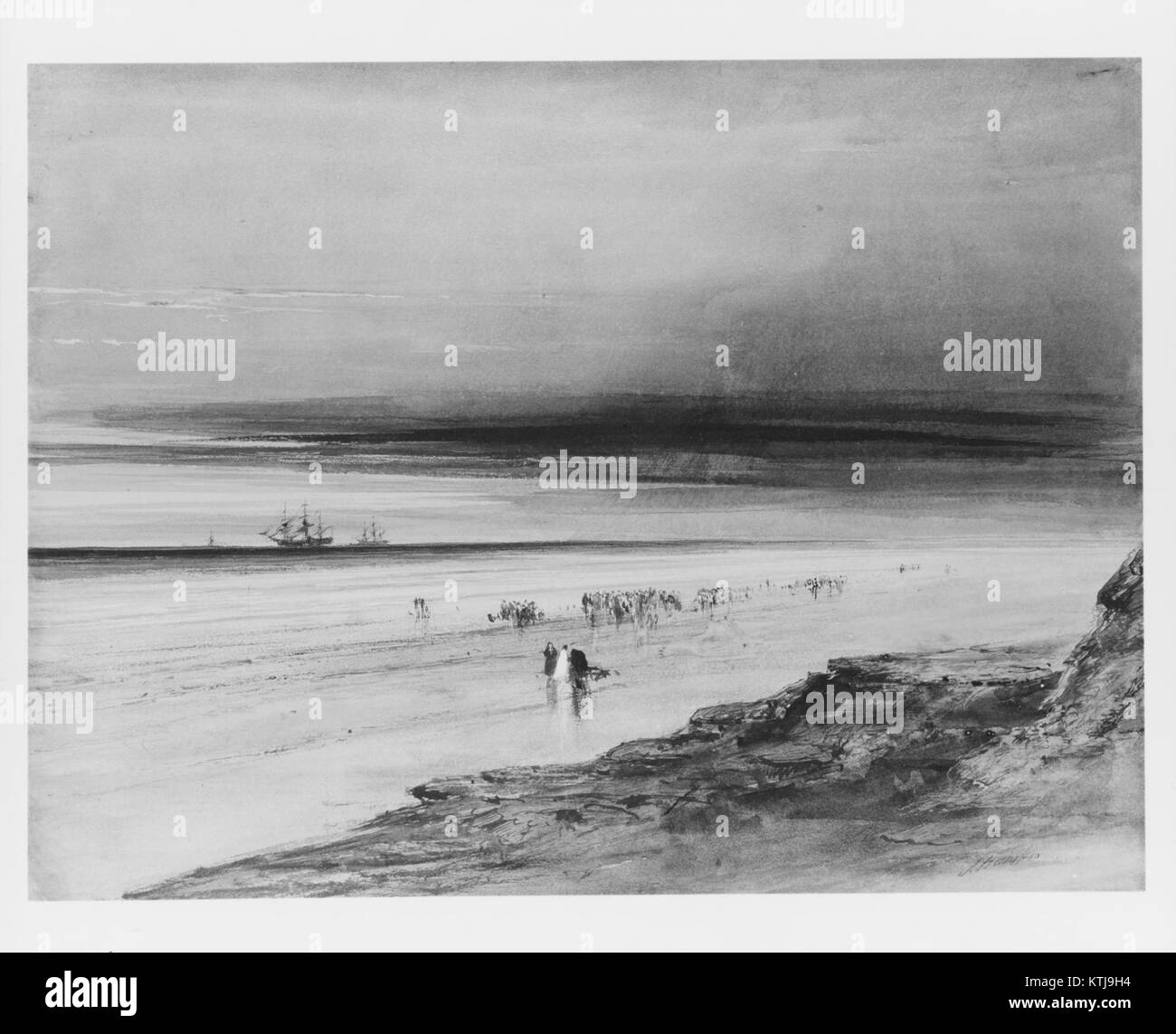 Eine Strandszene in Kunstwerken, die wahrscheinlich die ruhige Schönheit der Küstenlandschaft mit Schwerpunkt auf Meer, Sand und natürlicher Landschaft einfängt. Stockfoto