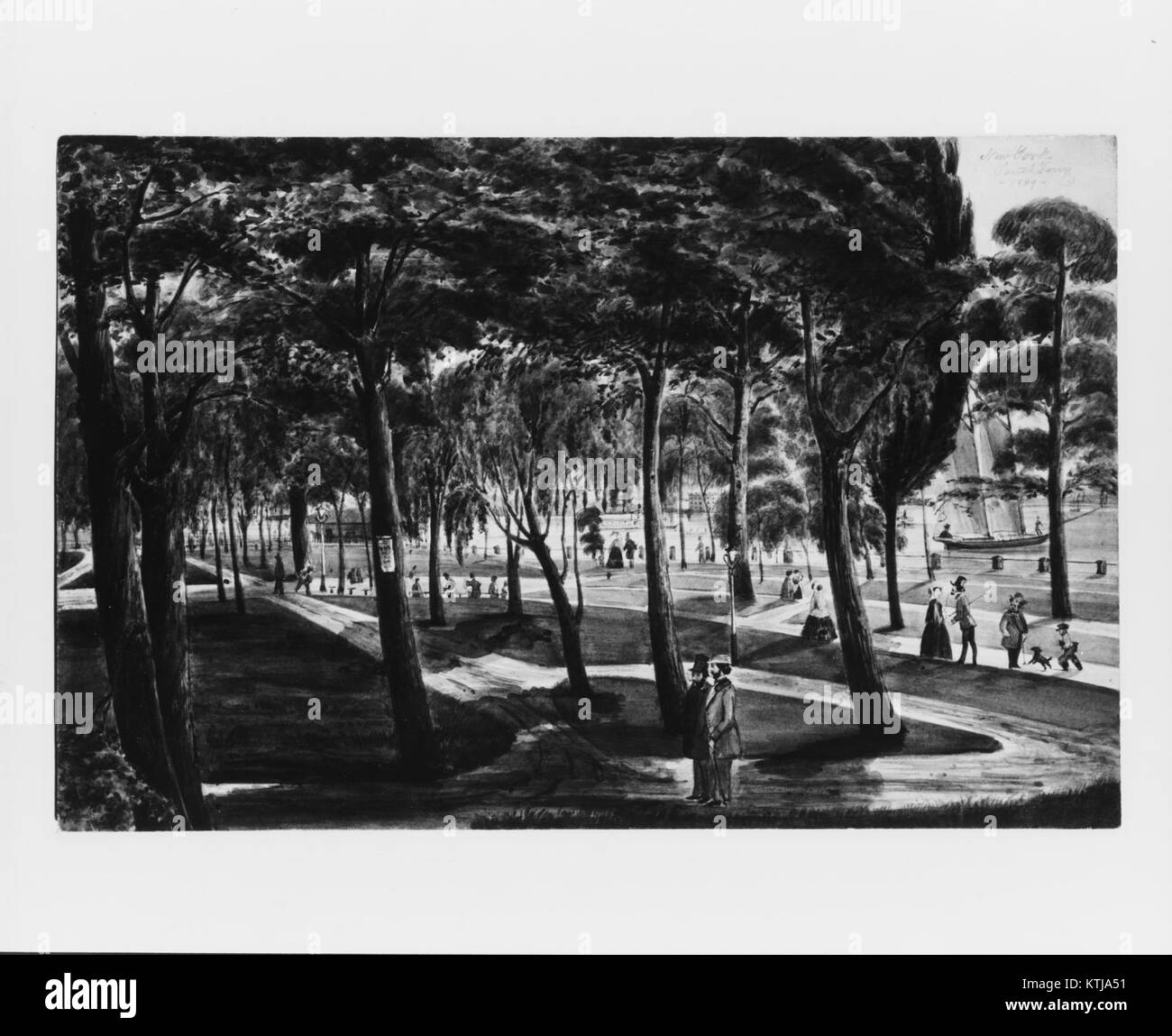 Der Batteriepark in New York City ist auf diesem Foto aus dem Jahr 1909 zu sehen. Das Bild fängt die historischen Merkmale des Parks ein und bietet einen Blick auf die Uferpromenade und die umliegende Landschaft im frühen 20. Jahrhundert. Stockfoto