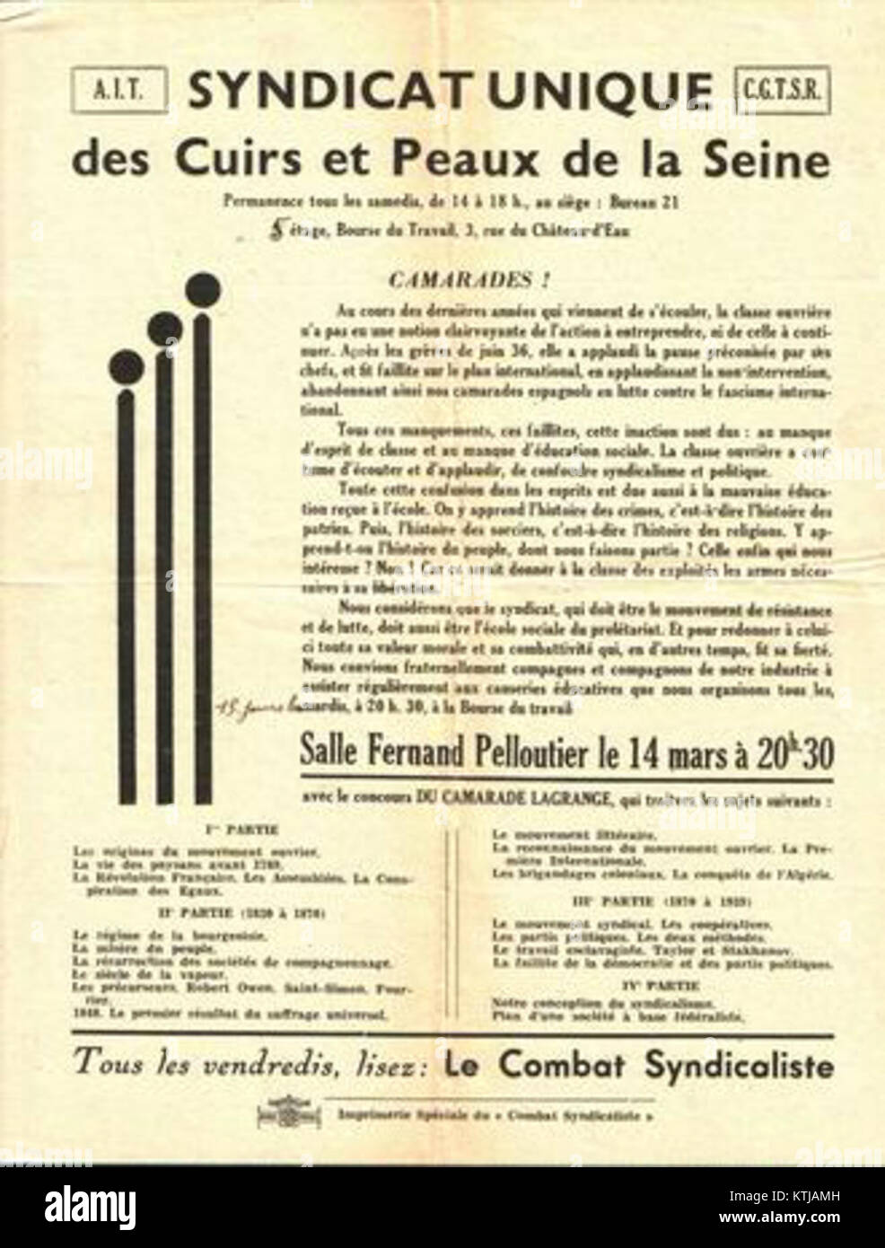 Causerie Bourse du Travail bezieht sich auf eine Art informeller öffentlicher Vorlesungen oder Diskussionen, die an der Arbeitsbörse gehalten werden, bei denen soziale oder politische Themen während des späten 19. Und frühen 20. Jahrhunderts in Frankreich behandelt wurden. Stockfoto