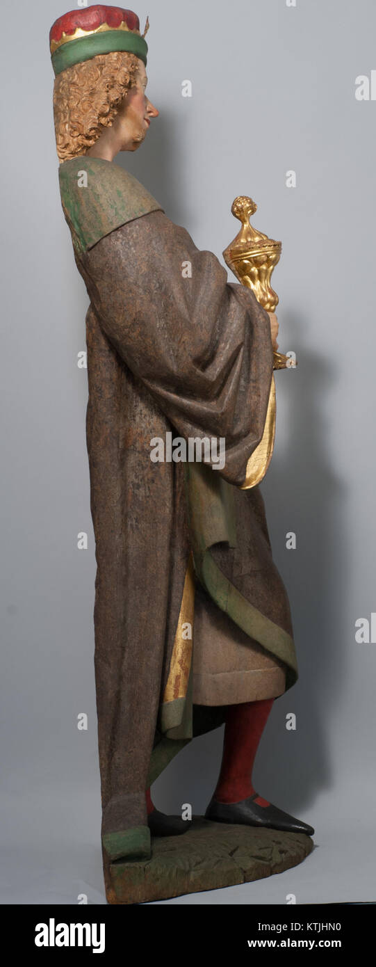 Dieses Kunstwerk zeigt Balthasar, einen der drei Könige, aus einer Anbetungsgruppe. Es ist Teil einer größeren Sammlung im Metropolitan Museum of Art, die religiöse Themen aus dem Mittelalter und der Renaissance zeigt. Stockfoto